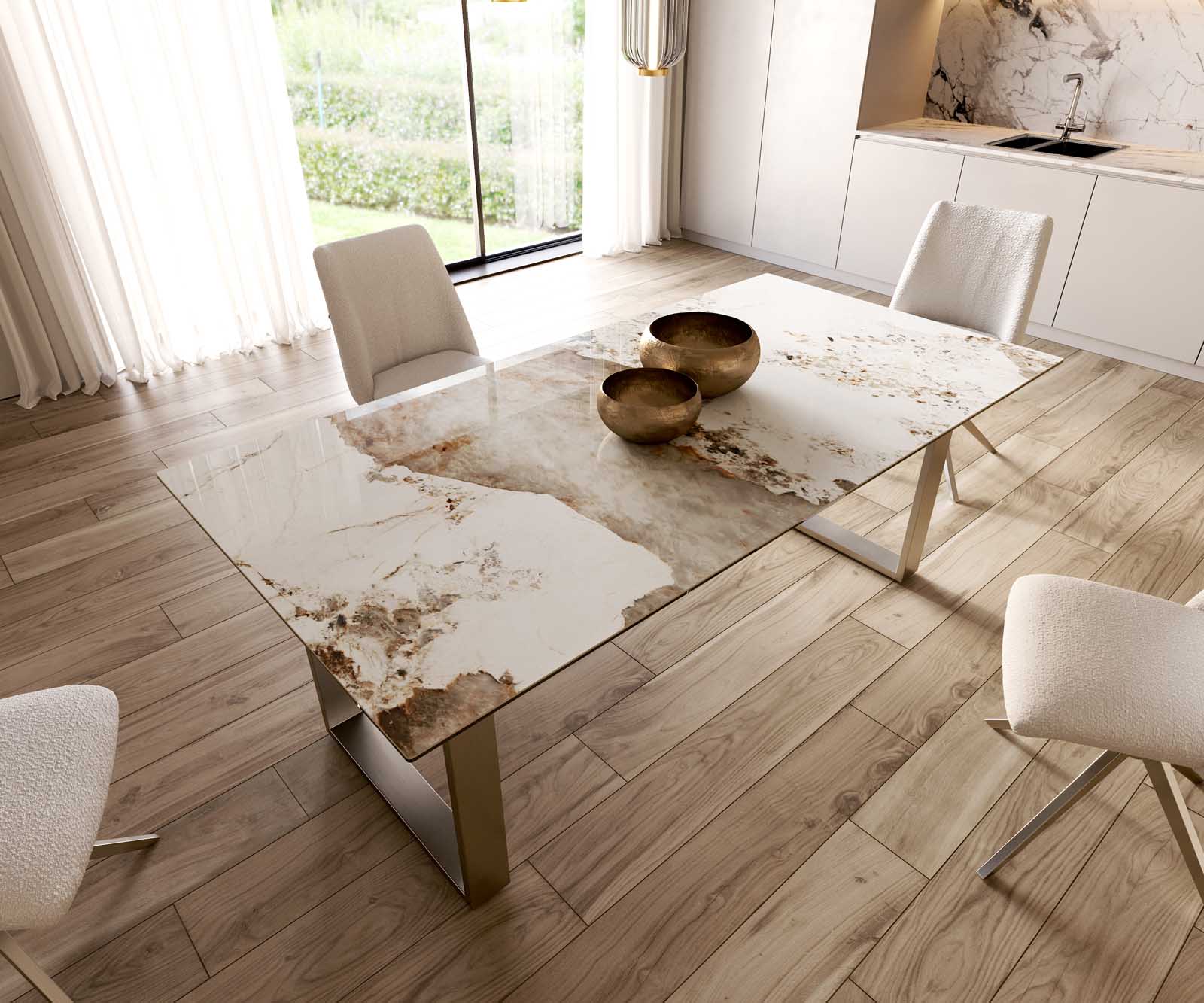 Esstisch Edge 200x100 Keramik Minas Melange Weiß-Beige Edelstahl Schmal 5