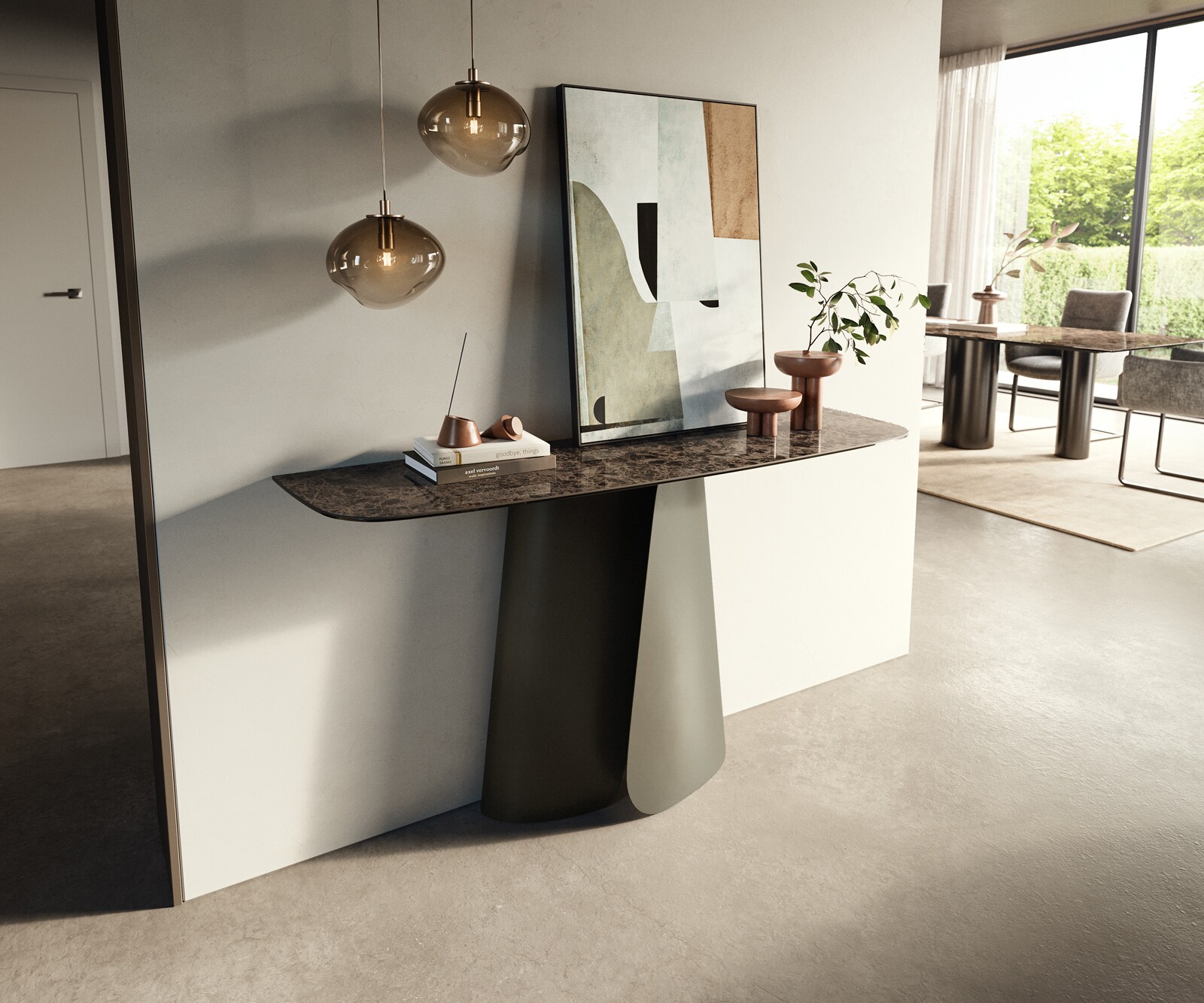 Konsolentisch Edge Boot 140x40 cm Keramik Emperador Extra Lucidato Dunkelbraun Livos Metall Effektfinish Titan 4