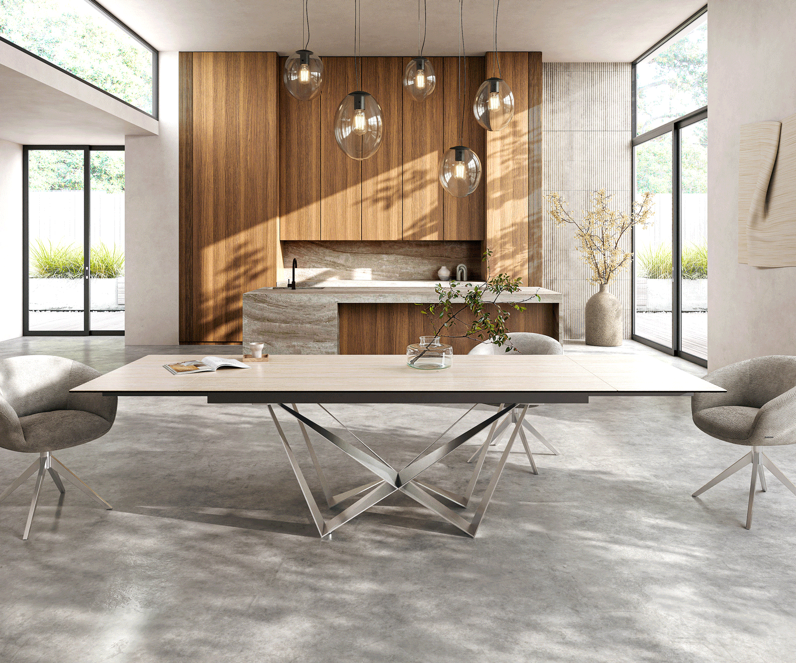 Esstisch Edge 200-300x100 Keramik Laminam® Travertino Bianco Creme-Weiß Spider Flachstahl Edelstahl ausziehbar 1