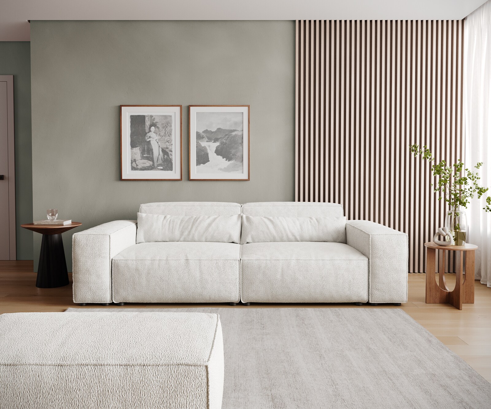 Big-Sofa Sirpio 230x95 cm Bouclé Creme-Weiß mit Hocker 1