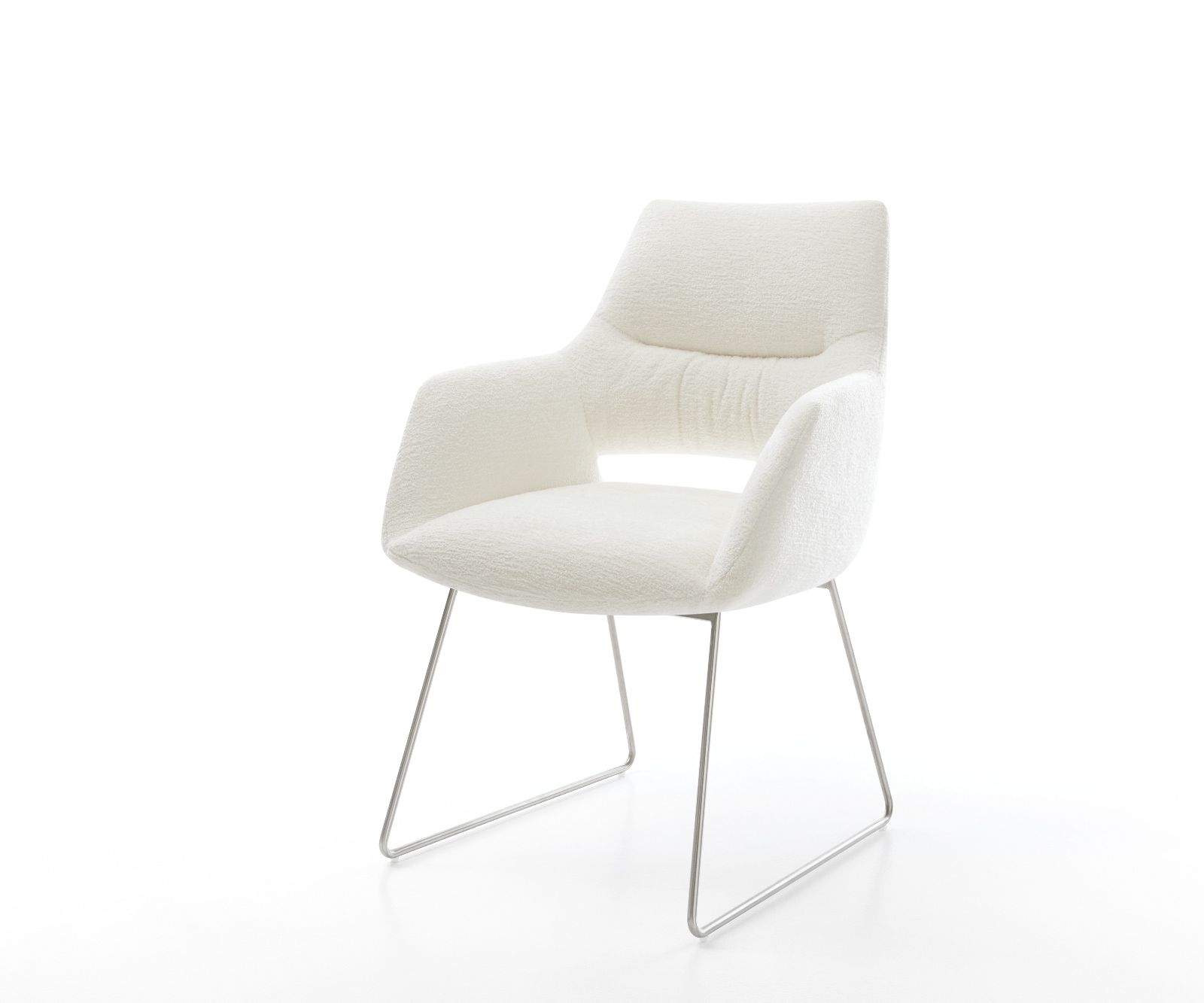 Esszimmerstuhl Yago-Flex mit Armlehnen Bouclé Soft Beige Kufengestell Edelstahl Taschenfederkern