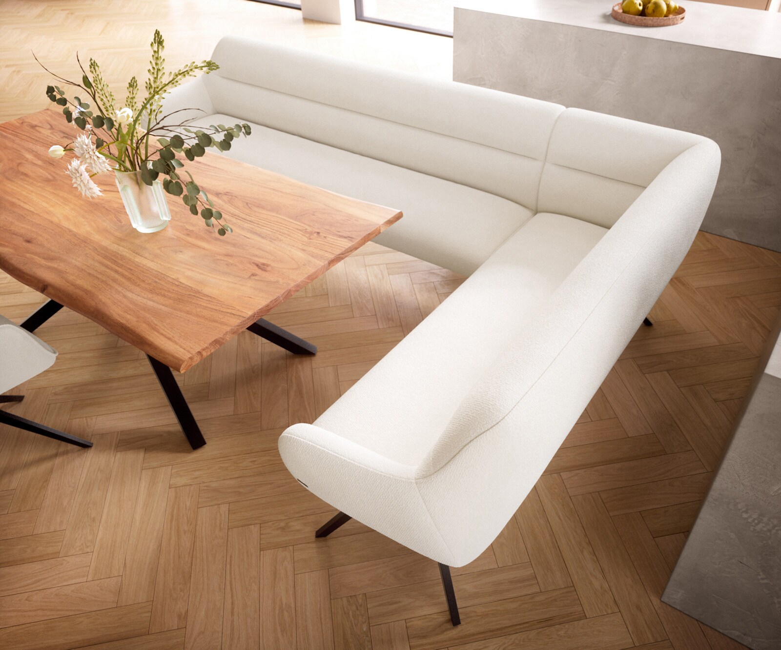 Esszimmerbank Taya-Flex 285x190 cm Bouclé Creme-Weiß Kreuzgestell kantig Schwarz Taschenfederkern Links 3