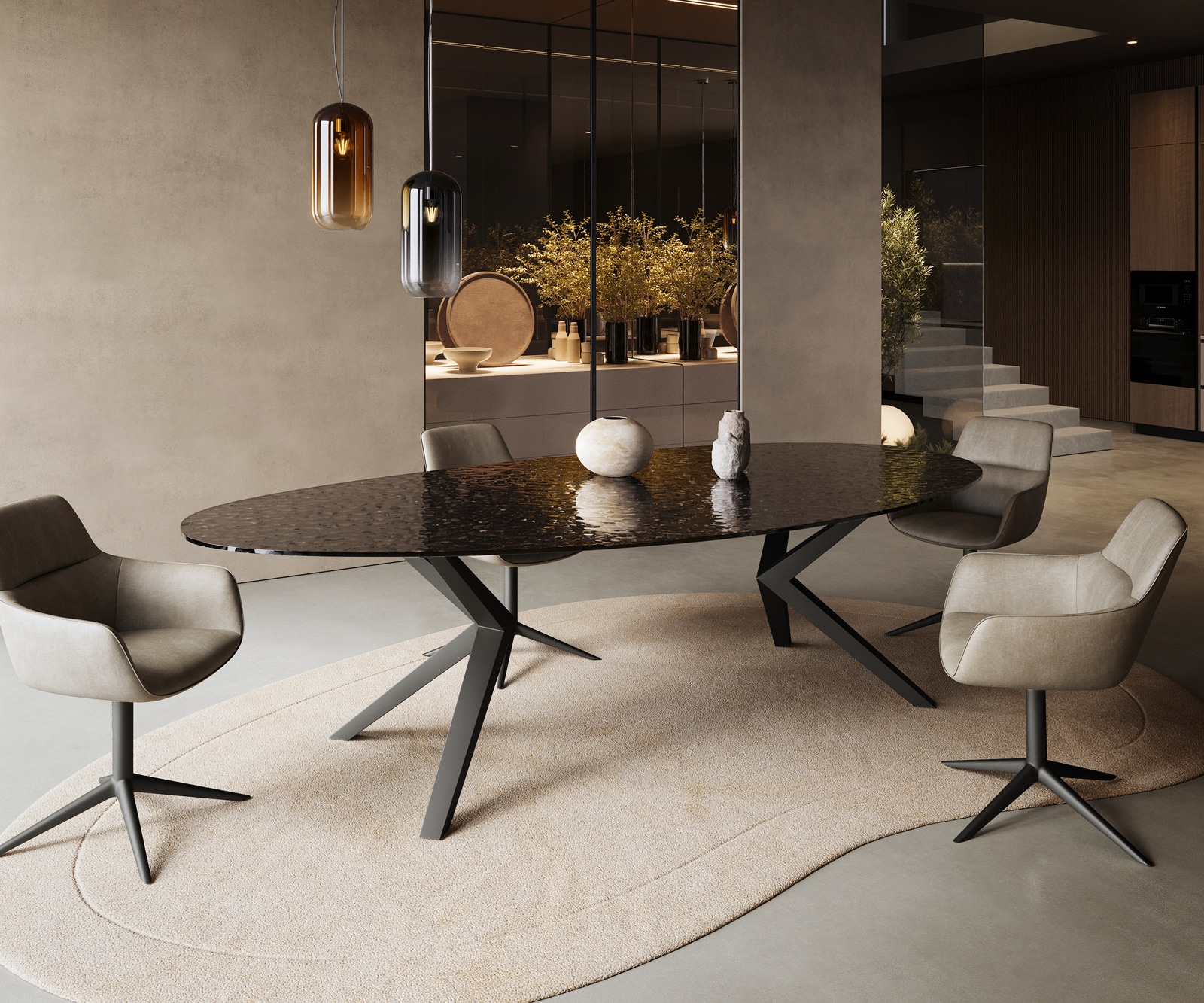 Esstisch Edge Oval 280x130 Reliefglas Rauchschwarz 3D-Design Zenthara kantig Metall Schwarz 4 Esstisch Edge Oval 280x130 Reliefglas Rauchschwarz 3D-Design Zenthara kantig Metall Schwarz 4