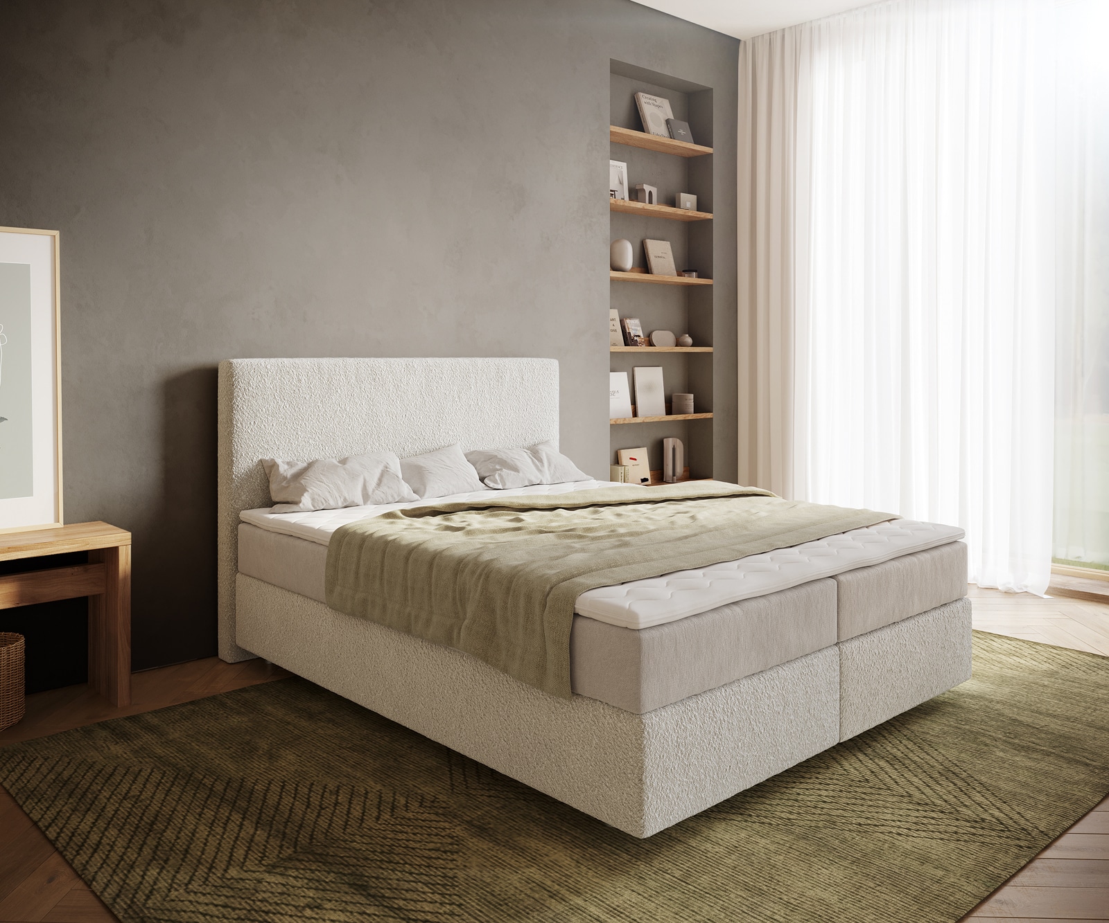 Boxspringbett Dream-Well 160x200 cm Bouclé Creme-Weiß mit Taschenfederkernmatratze und Topper Visco Boxspringbett Dream-Well 160x200 cm Bouclé Creme-Weiß mit Taschenfederkernmatratze und Topper Visco