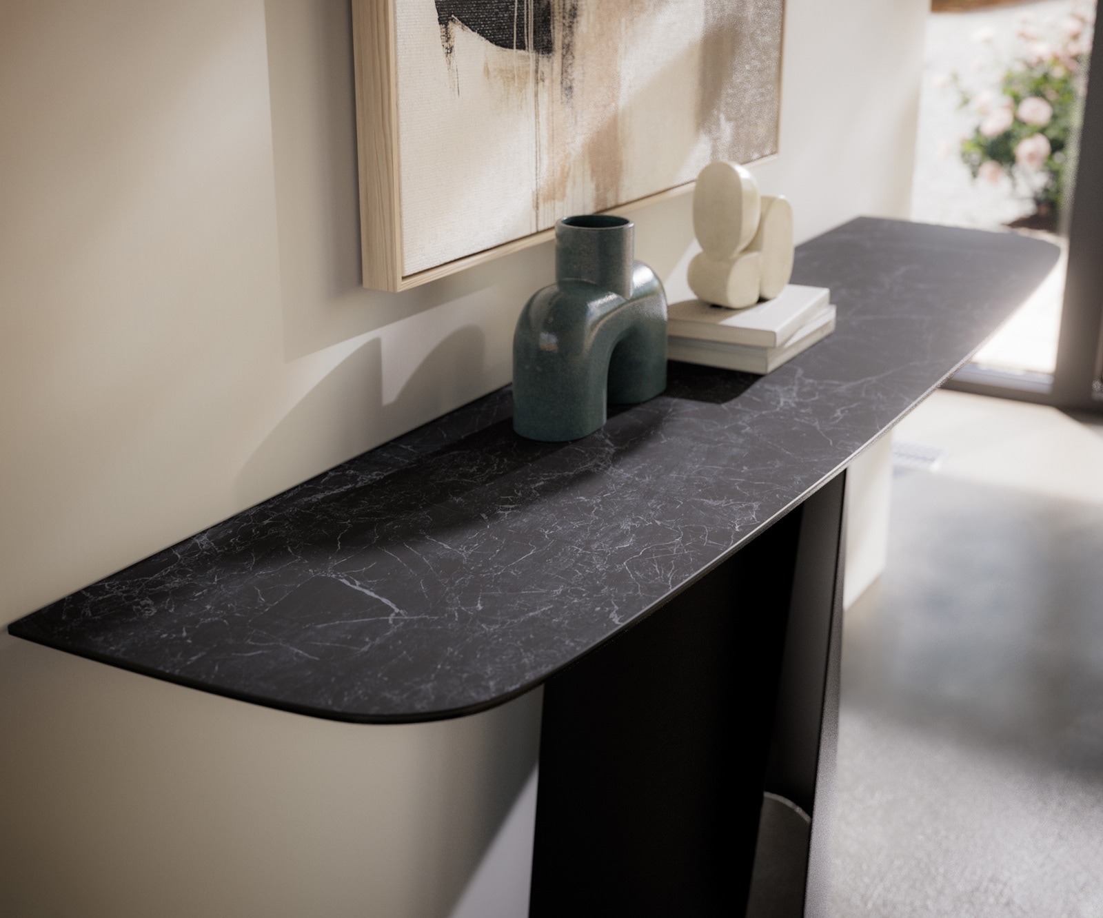 Konsolentisch Edge Boot 180x40 cm Keramik Laminam® Nero Greco Anthrazit Livos Metall Schwarz 2