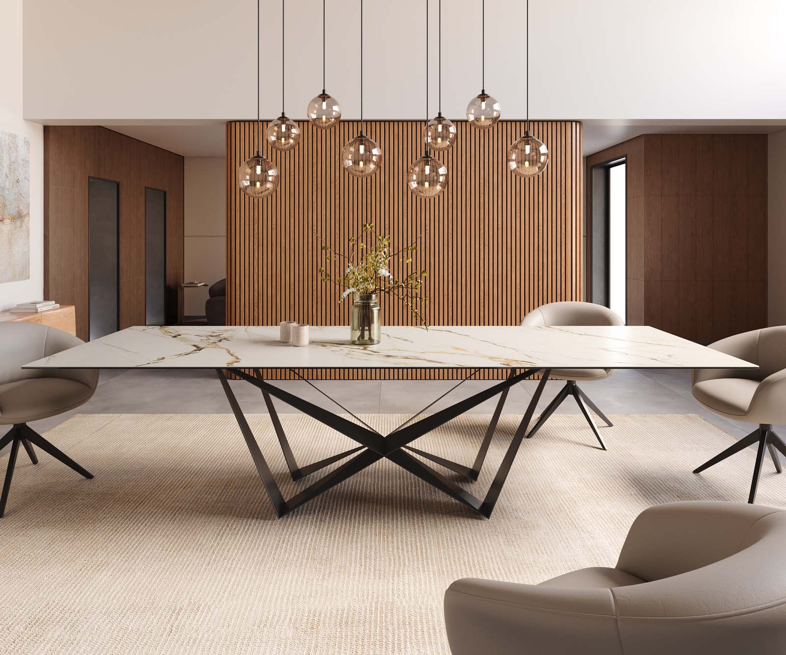 Esstisch Edge 300x100 Keramik Calacatta Luxe Weiß-Gold-Grau Spider Flachstahl Schwarz 2