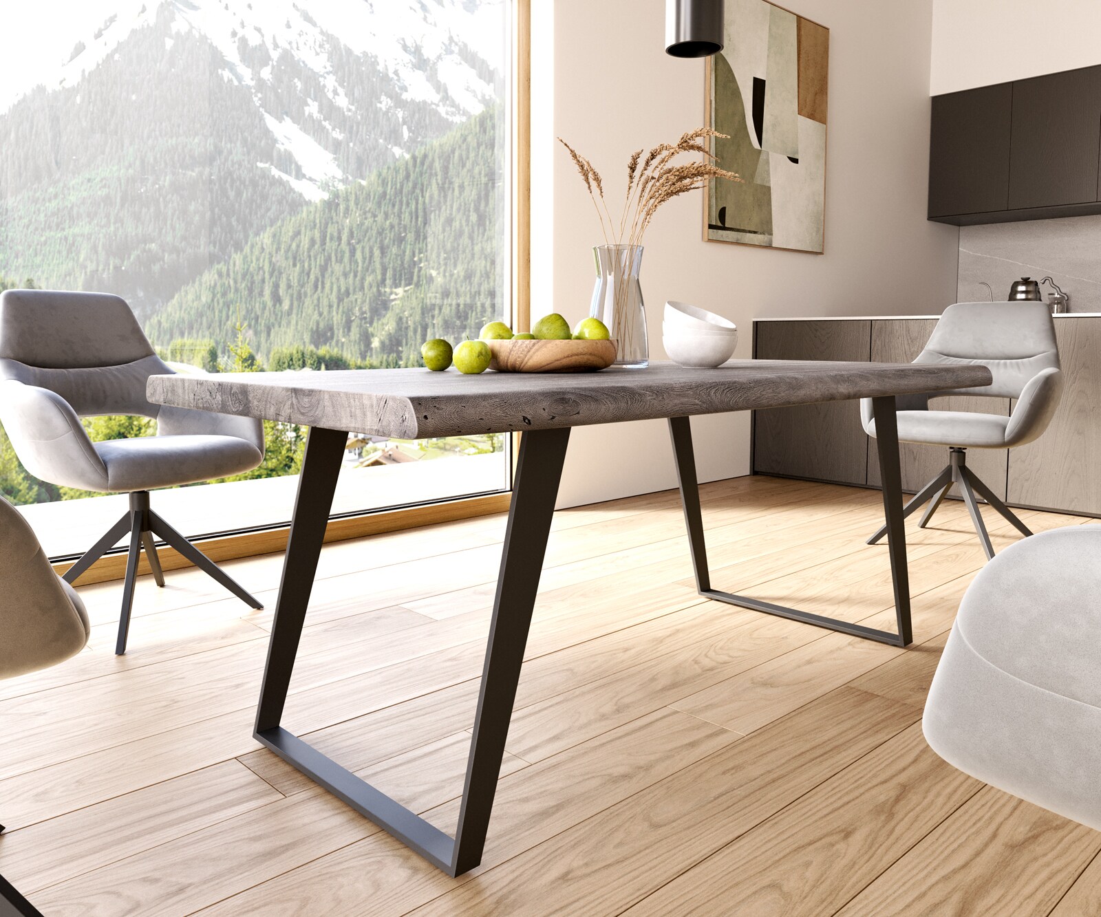 Esstisch Edge 180x90 XL Akazie Platin Metall Schräg Schwarz Live-Edge 5