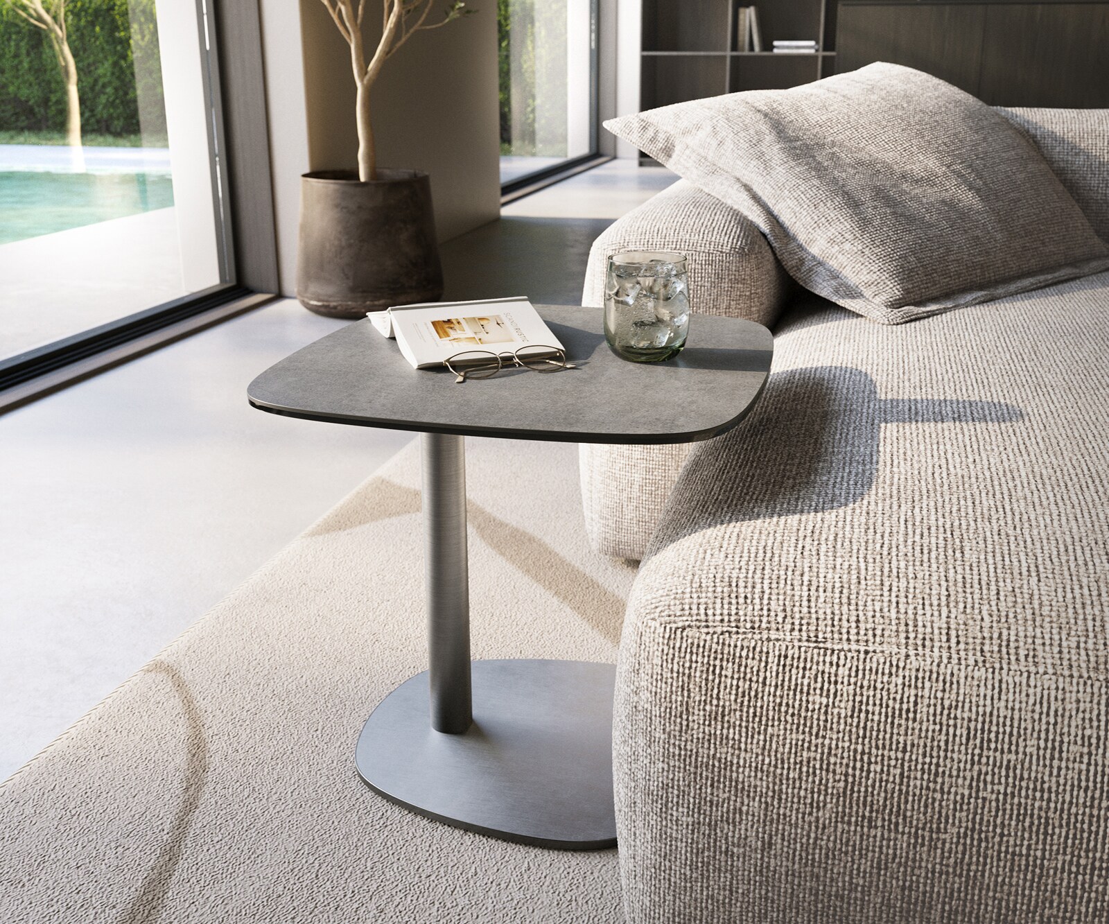 Beistelltisch Edge Boot 50x50 cm Keramik Beton Grau Eleny Edelstahl gebürstet