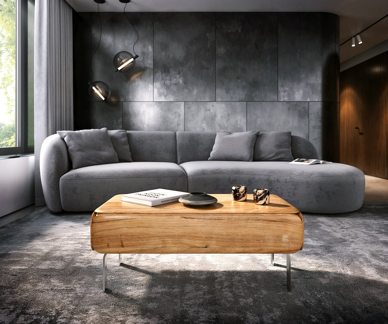 Couchtisch Shavani 100x50 cm Akazie Natur 2 Schubladen L-Fuß Edelstahl Silber 2