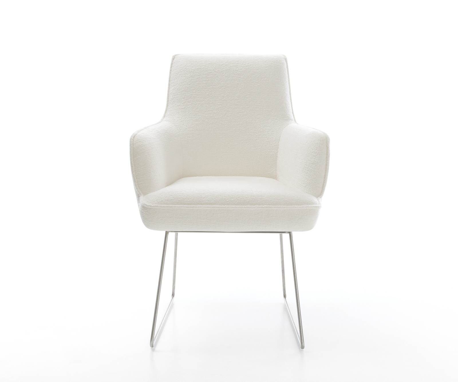 Esszimmerstuhl Heira-Flex mit Armlehnen Bouclé Soft Beige Kufengestell Edelstahl Taschenfederkern 1