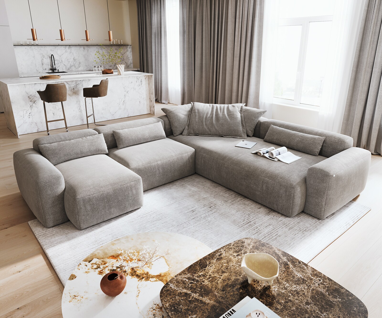 Wohnlandschaft Freestyle 360x290 cm Strukturstoff Soft Grau Kappnaht 1