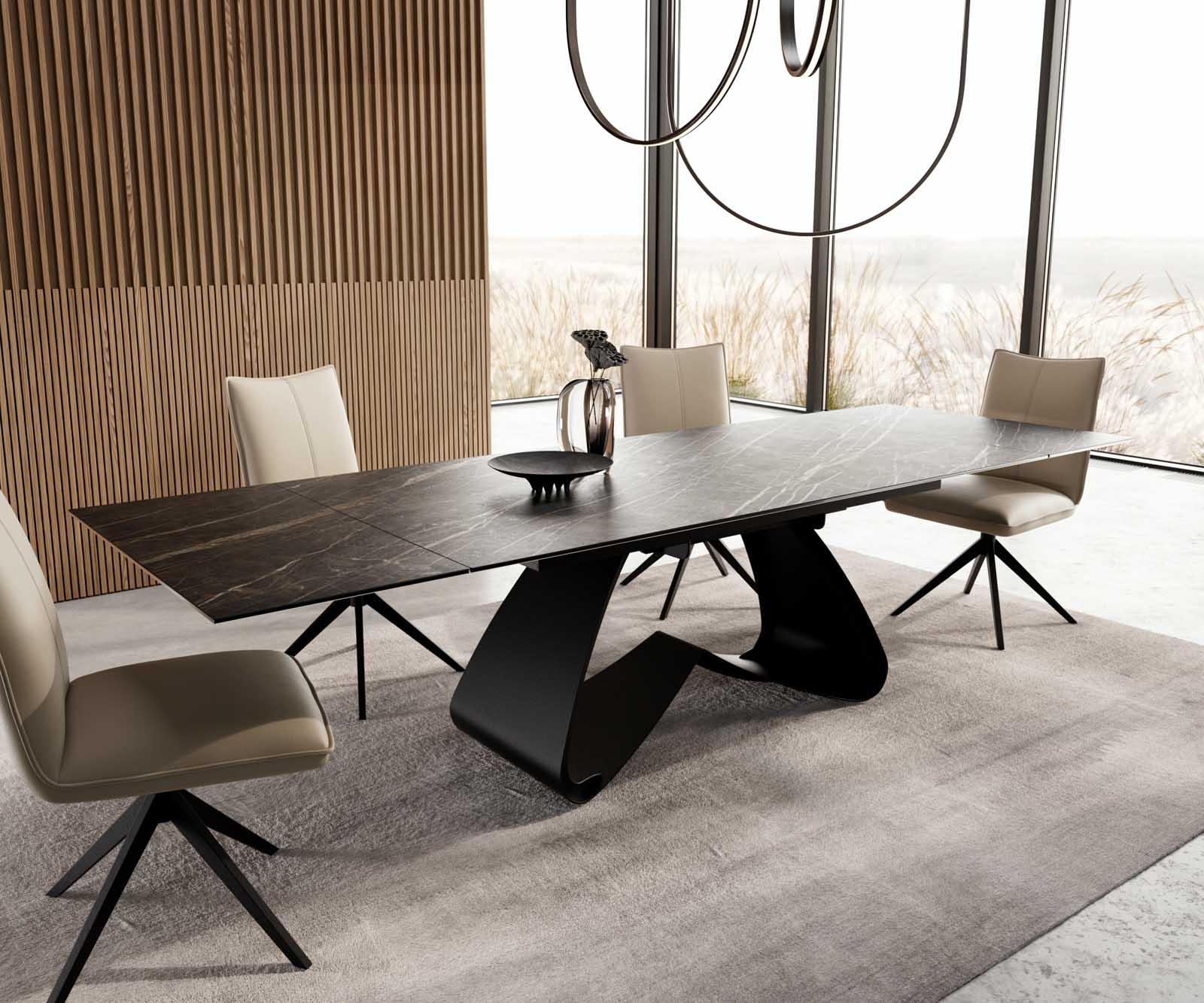 Esstisch Edge 200-300x100 Keramik Laminam®Noir Desir Braun W-Gestell Schwarz ausziehbar 6