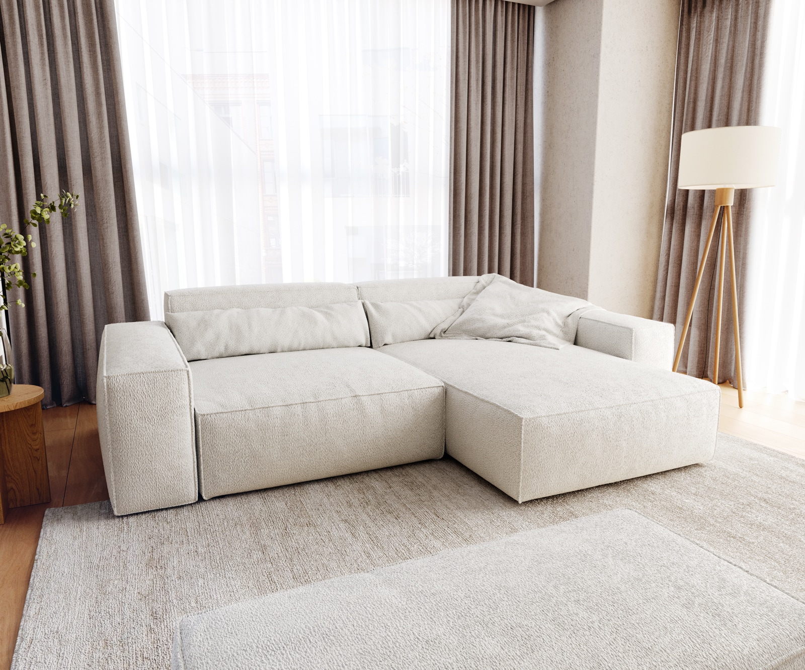 Ecksofa Sirpio XL 270x170 cm Bouclé Creme-Weiß Recamiere variabel mit Hocker 1