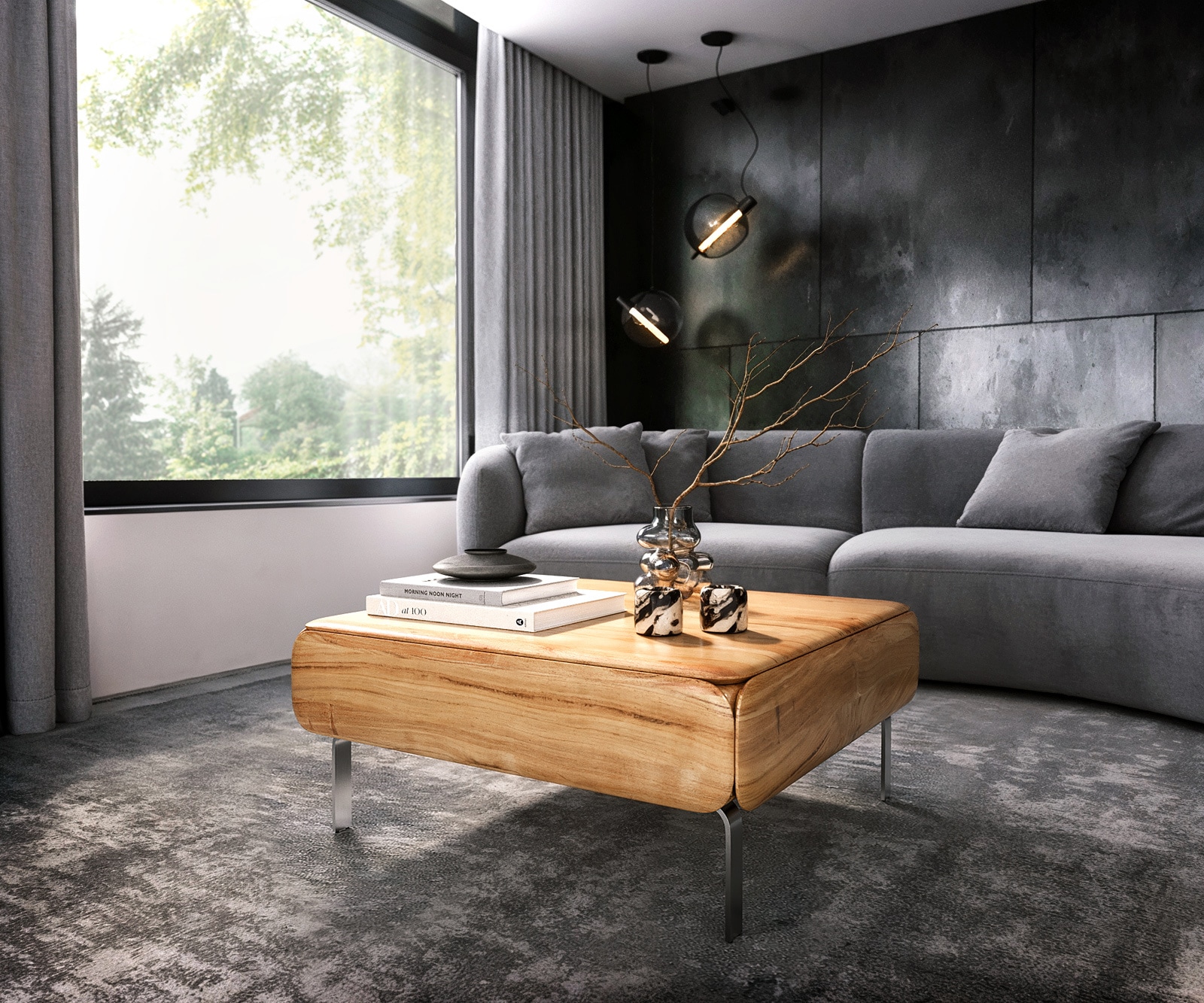 Couchtisch Shavani 90x90 cm Akazie Natur 2 Türen L-Fuß Edelstahl Silber Couchtisch Shavani 90x90 cm Akazie Natur 2 Türen L-Fuß Edelstahl Silber
