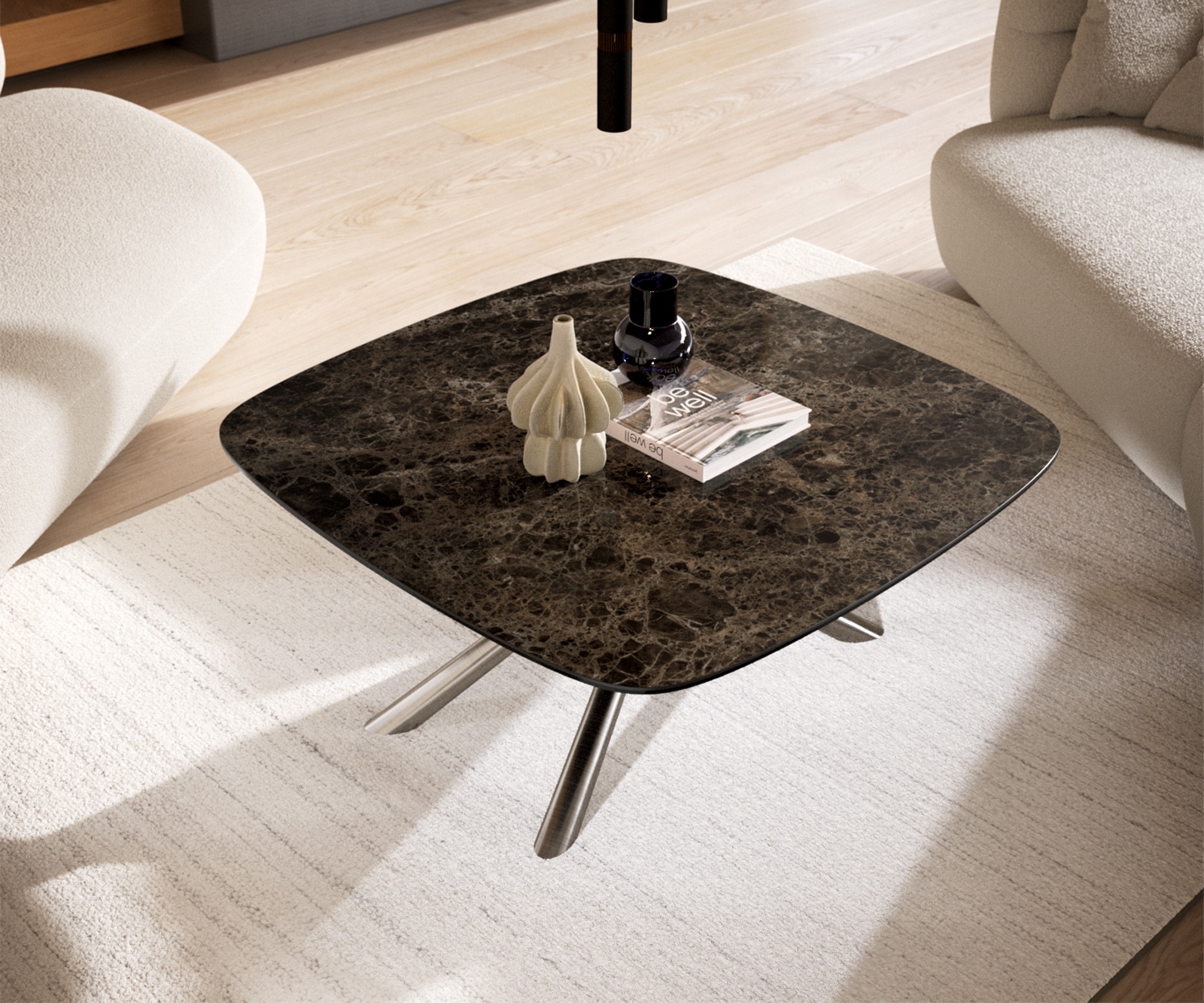 Couchtisch Edge Boot 90x90 cm Keramik Emperador Extra Lucidato Dunkelbraun Sarity Edelstahl gebürstet 3