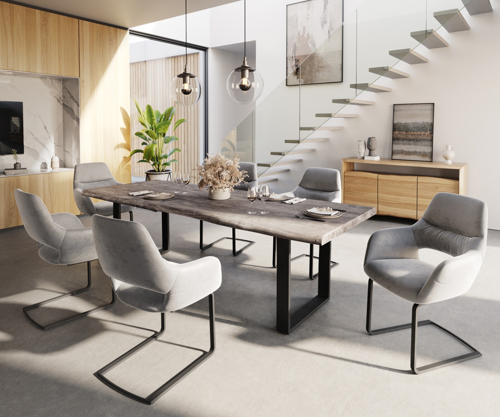 Esstisch Edge 260x100 XL Akazie Platin Metall Schmal schwarz Live-Edge 6