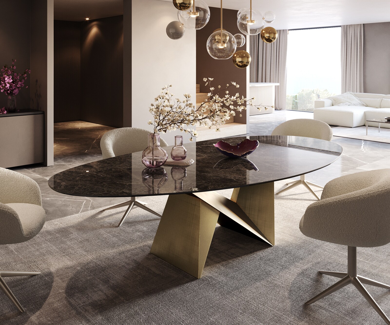 DELIFE Esstisch Edge Oval 280x130 Keramik Laminam Emperador Extra Lucidato Dunkelbraun Origami Metallic Gold