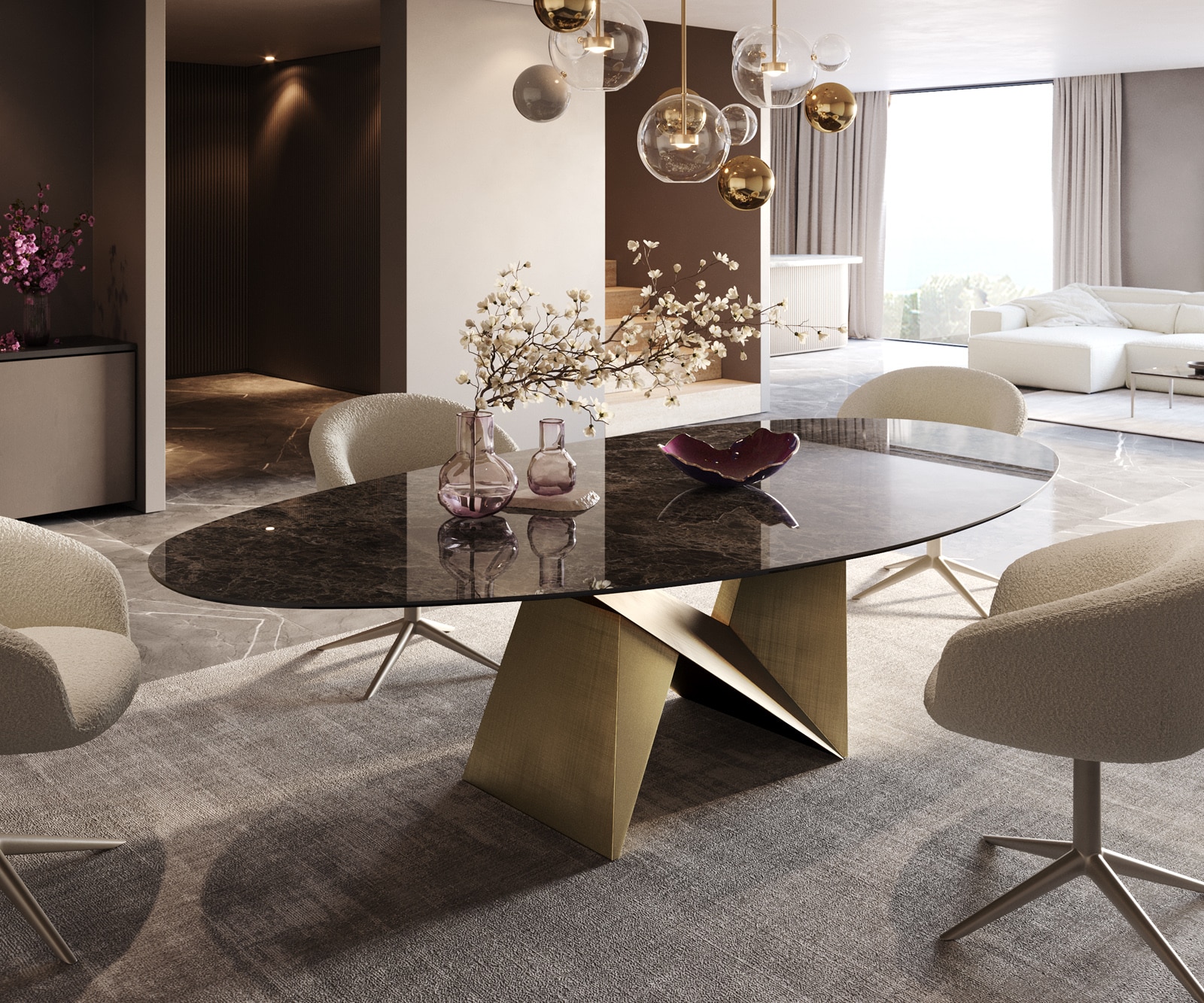 Esstisch Edge Oval 280x130 Keramik Laminam® Emperador Extra Lucidato Dunkelbraun Origami Metallic Gold 1