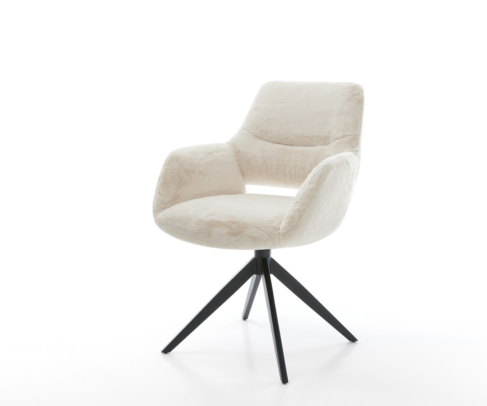 Drehstuhl Yago-Flex mit Armlehnen Plüsch Creme-Weiß Kreuzgestell breit Schwarz 360° drehbar Wippfunktion Taschenfederkern 1