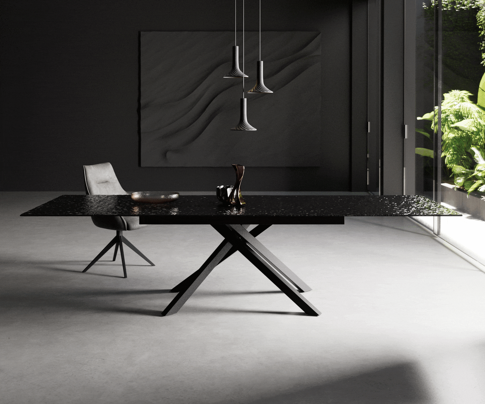 Esstisch Edge 200-300x100 Reliefglas Rauchschwarz 3D-Design Kreuzgestell Rechteck Schwarz ausziehbar 1 Esstisch Edge 200-300x100 Reliefglas Rauchschwarz 3D-Design Kreuzgestell Rechteck Schwarz ausziehbar 1