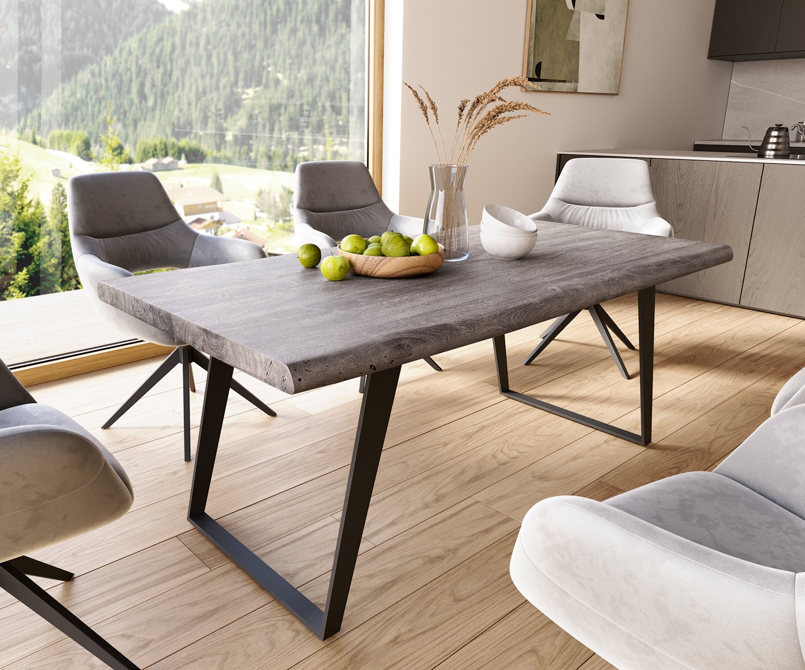 Esstisch Edge 180x90 XL Akazie Platin Metall Schräg Schwarz Live-Edge günstig online kaufen
