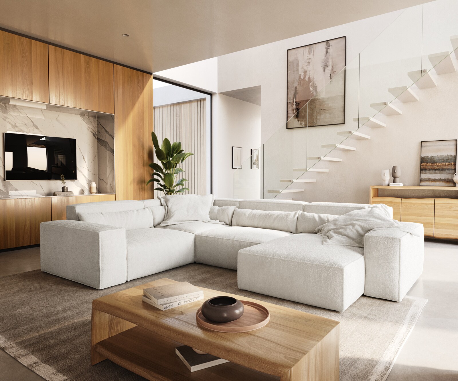 Wohnlandschaft Sirpio 300x210 cm Bouclé Creme-Weiß Recamiere variabel 5