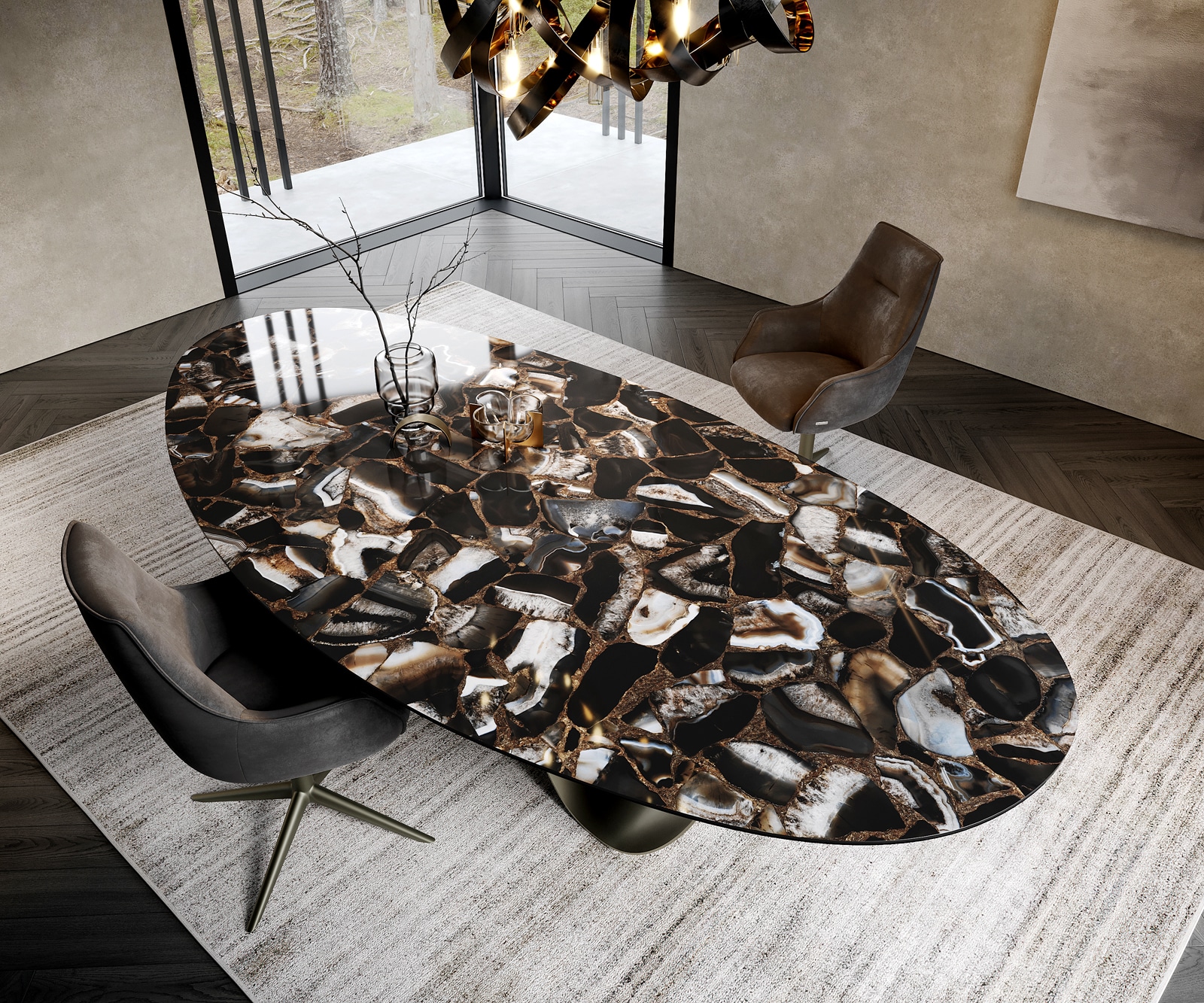 Esstisch Edge Oval 280x130 cm Keramik Iris FMG Agatablack Infinity Metall Effektfinish Titan 1