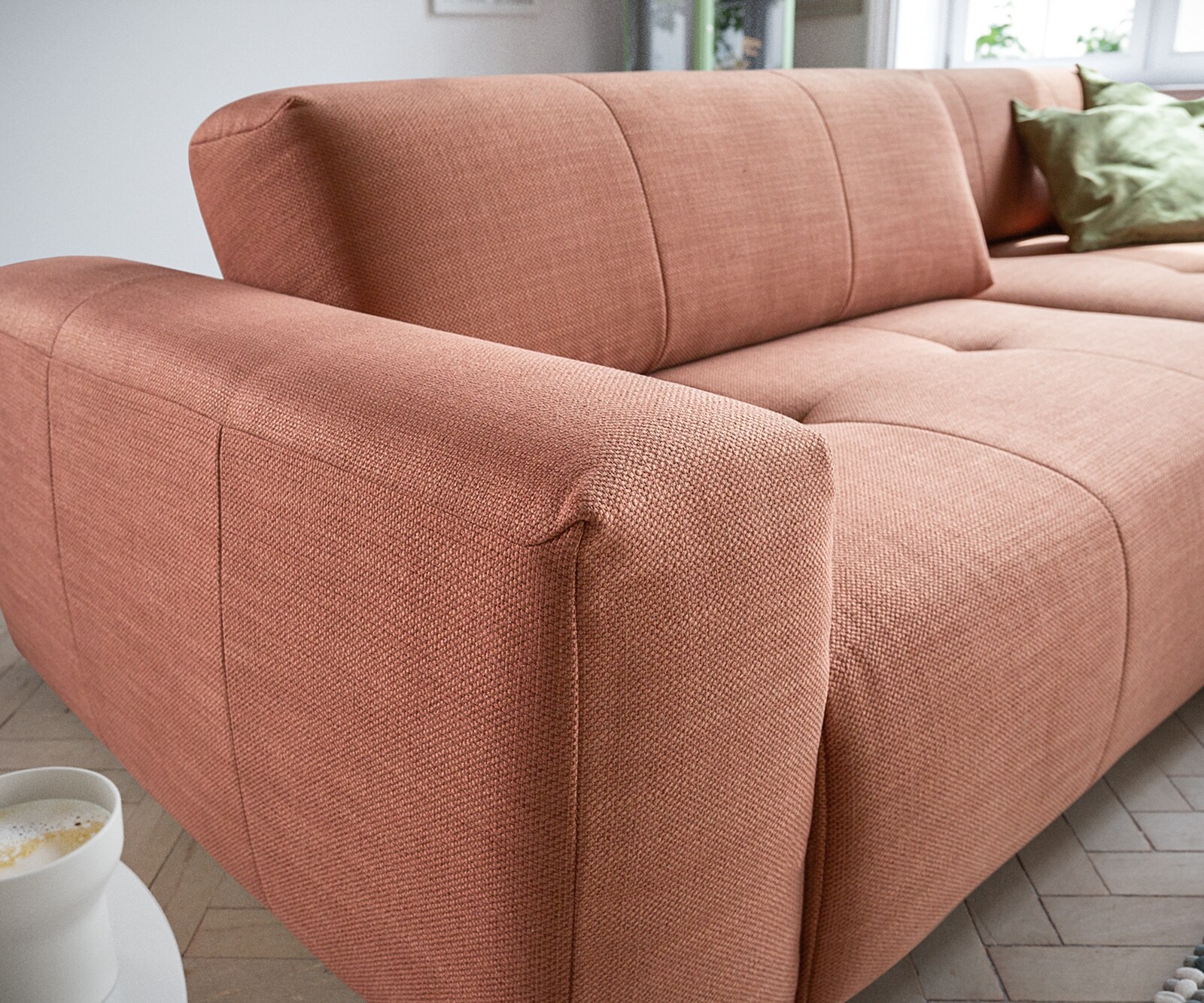 Ecksofa Lazaro 300x160 cm Flachgewebe Orange Ottomane rechts mit Sitztiefenverstellung 5