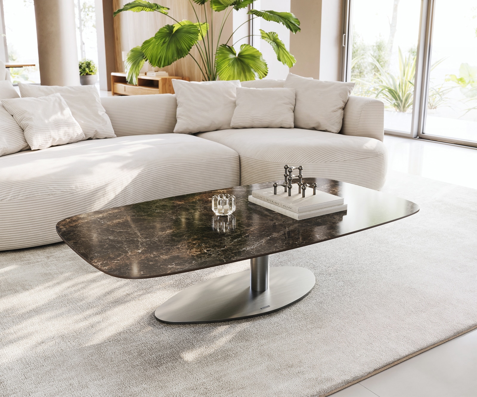 Couchtisch Edge Boot 140x80 cm Keramik Emperador Extra Lucidato Dunkelbraun Vibany Edelstahl gebürstet