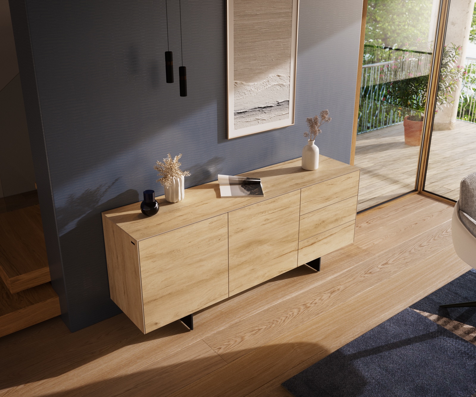 Sideboard Cuor 180 cm Keramik Laminam® Sabbia Eichefarbig 2 Türen 3 Schubfächer Fuß Schwebeoptik Metall Schwarz 4