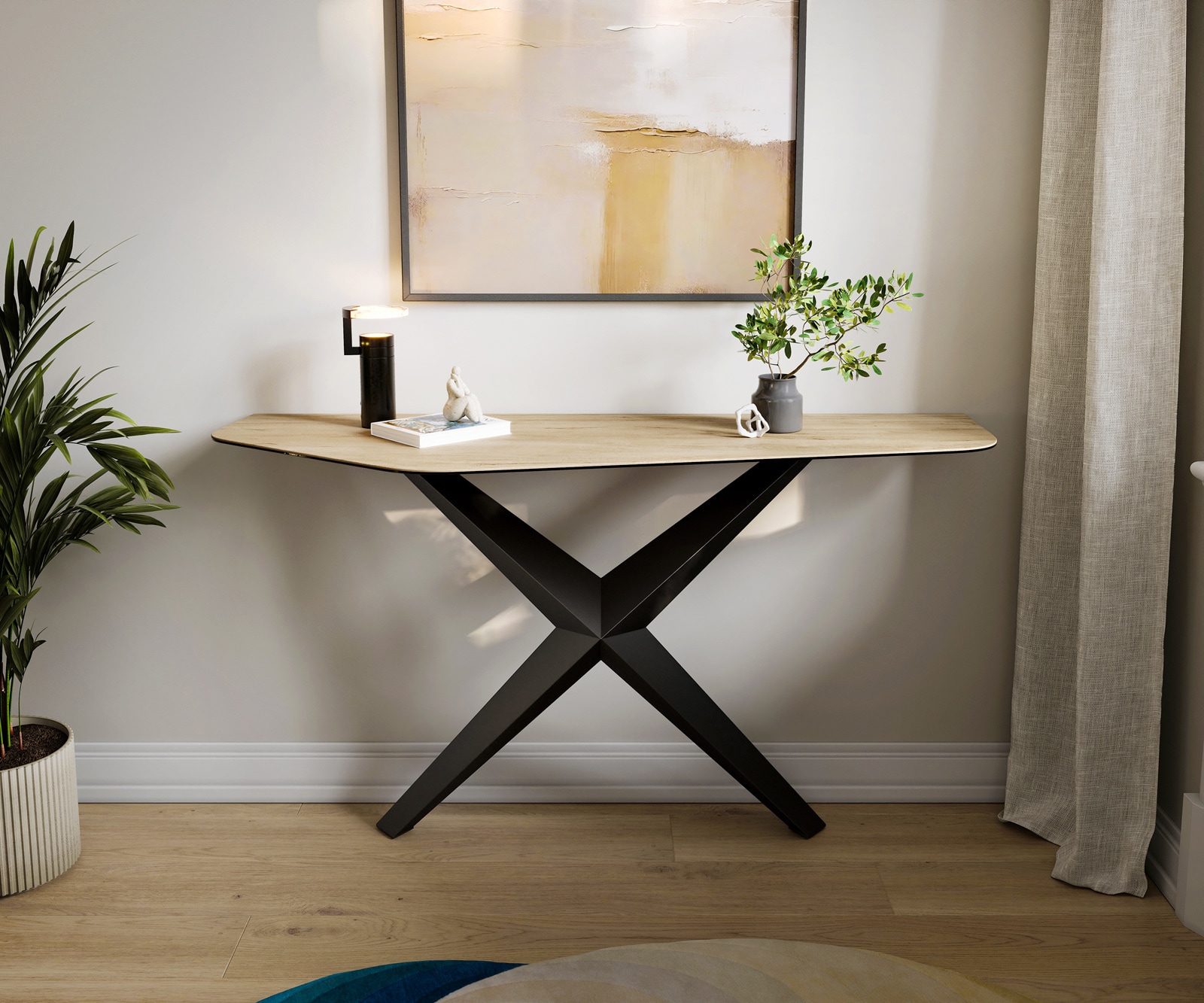 Konsolentisch Edge Polygonal 140x50 cm Keramik Laminam® Sabbia Eichefarbig Zentharo Metall Schwarz 1