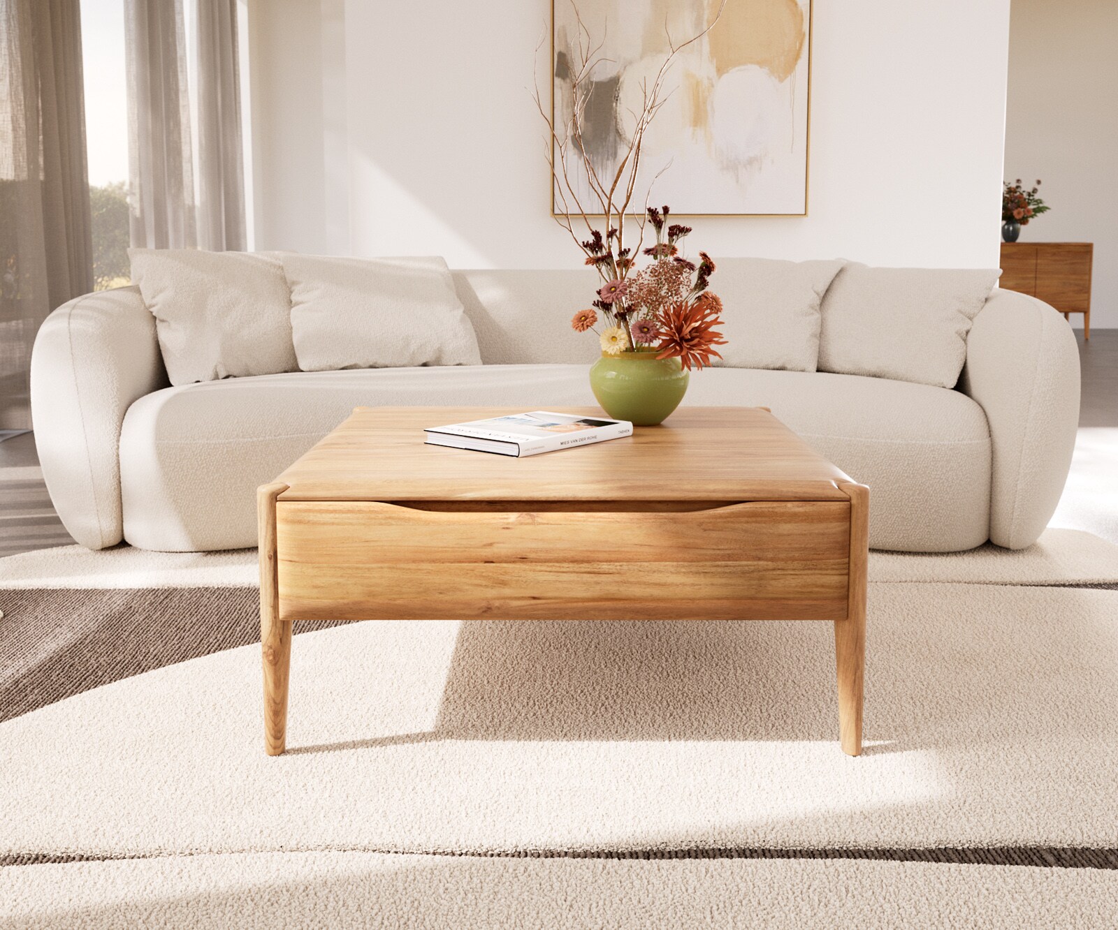 Couchtisch Simcha 90x90 cm Akazie Natur 1 Klappe 2