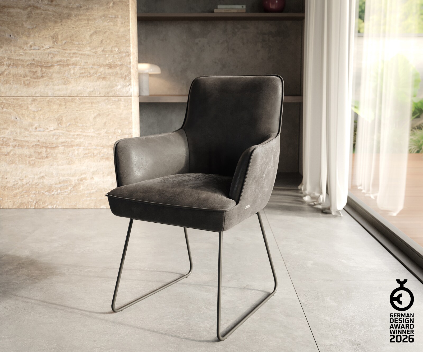 Esszimmerstuhl Heira-Flex mit Armlehnen Mikrofaser Anthrazit Vintage Kufengestell Schwarz Taschenfederkern