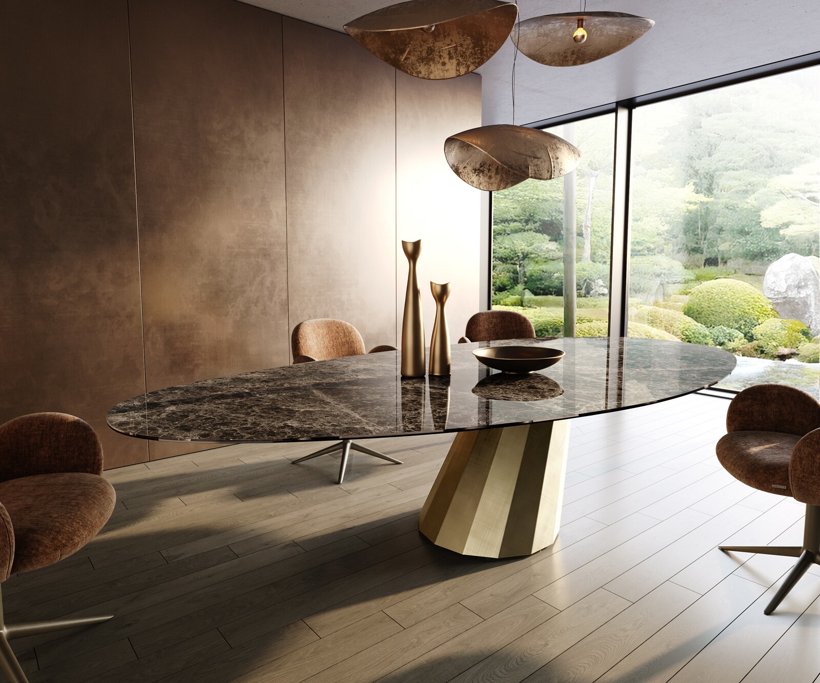 Esstisch Edge Oval 315x150 cm Keramik Emperador Extra Lucidato Dunkelbraun Parabel Metallic Gold 1