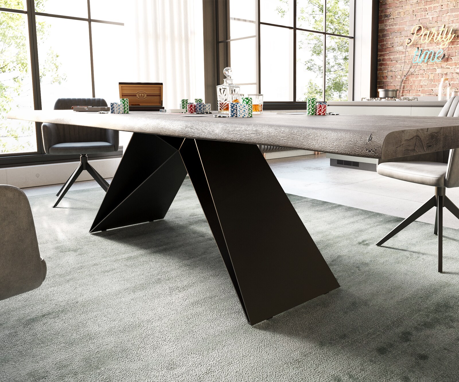 Esstisch Edge 300x100 XL Akazie Platin V-Gestell Flachstahl Schwarz Live-Edge 3