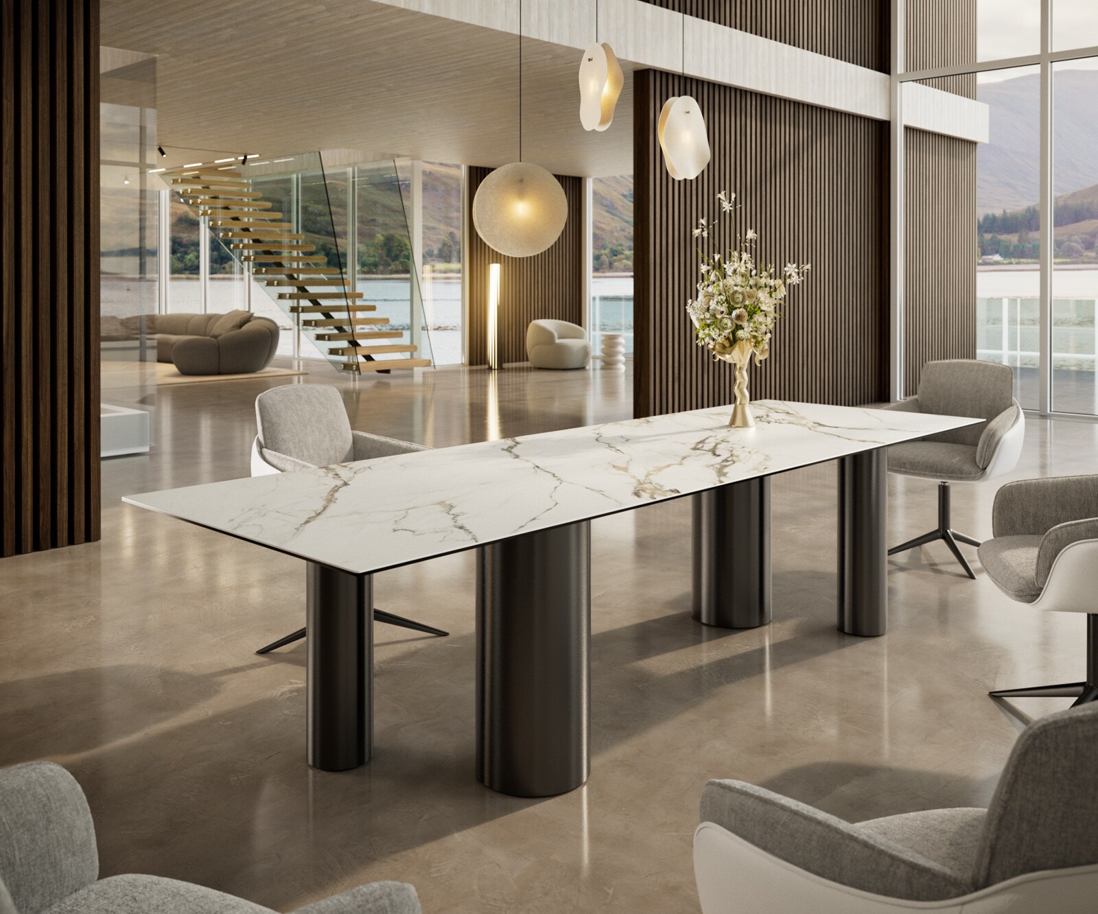 Esstisch Edge 300x100 Keramik Calacatta Luxe Weiß-Gold-Grau Pilier Edelstahl Graphit 1