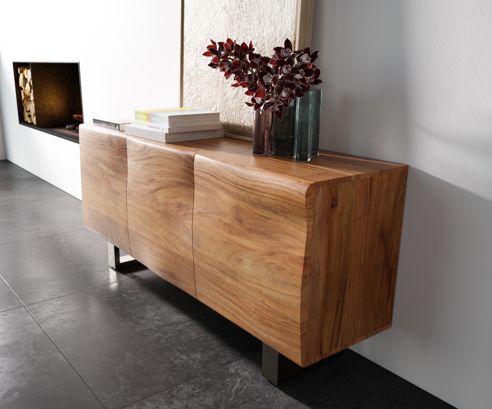 Sideboard New Live-Edge 145 cm Akazie Natur 3 Türen Kufe Edelstahl gebürstet 2