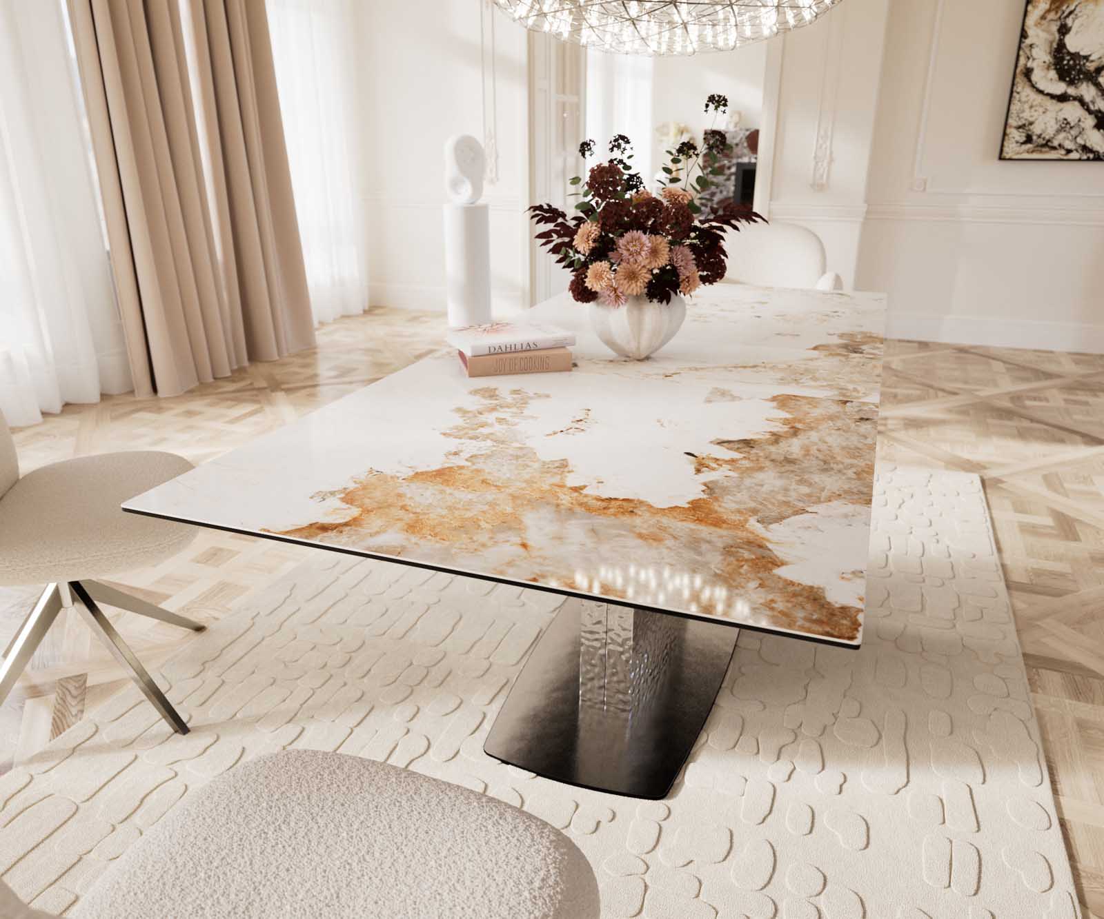 Esstisch Edge 180-220x100 Keramik Minas Melange Weiß-Beige Wave Edelstahl ausziehbar 8
