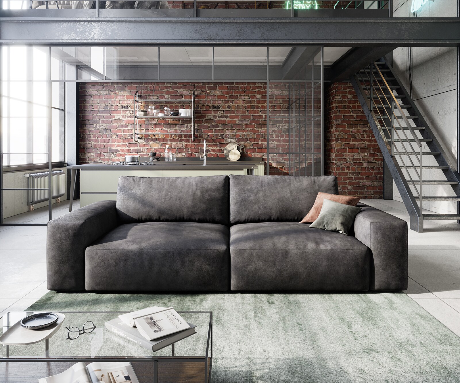 Big-Sofa Lanzo 230x95 cm Lederimitat Vintage Anthrazit 1