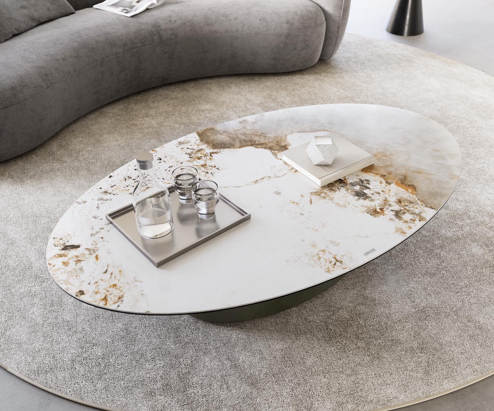 Couchtisch Casilda 150x90 cm Keramik Minas Melange Weiß-Beige Mittelfuß Effektfinish Titan 4