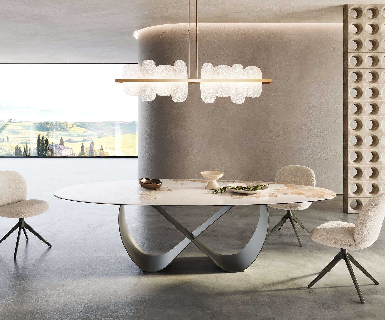 Esstisch Edge Oval 280x130 Keramik Minas Melange Weiß-Beige Infinity Metall Effektfinish Titan