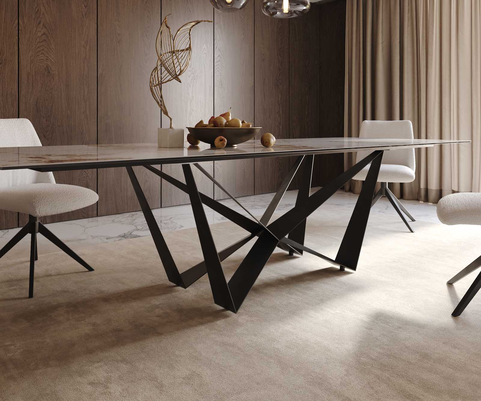 Esstisch Edge 300x100 Keramik Minas Melange Weiß-Beige Spider Flachstahl Schwarz 7