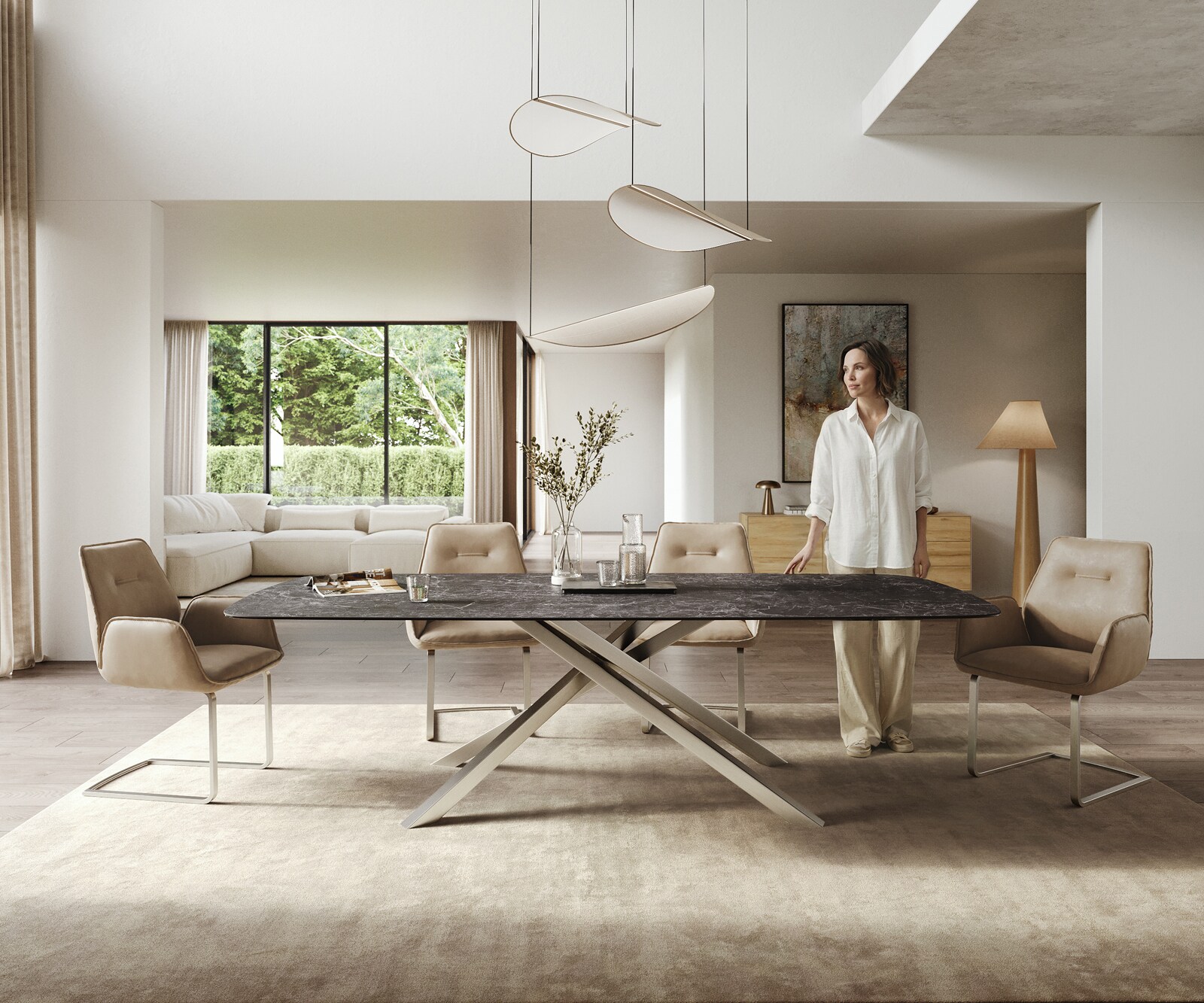 Esstisch Edge Boot 260x120 cm Keramik Laminam® Nero Greco Anthrazit Kreuzgestell Rechteck Edelstahl 2