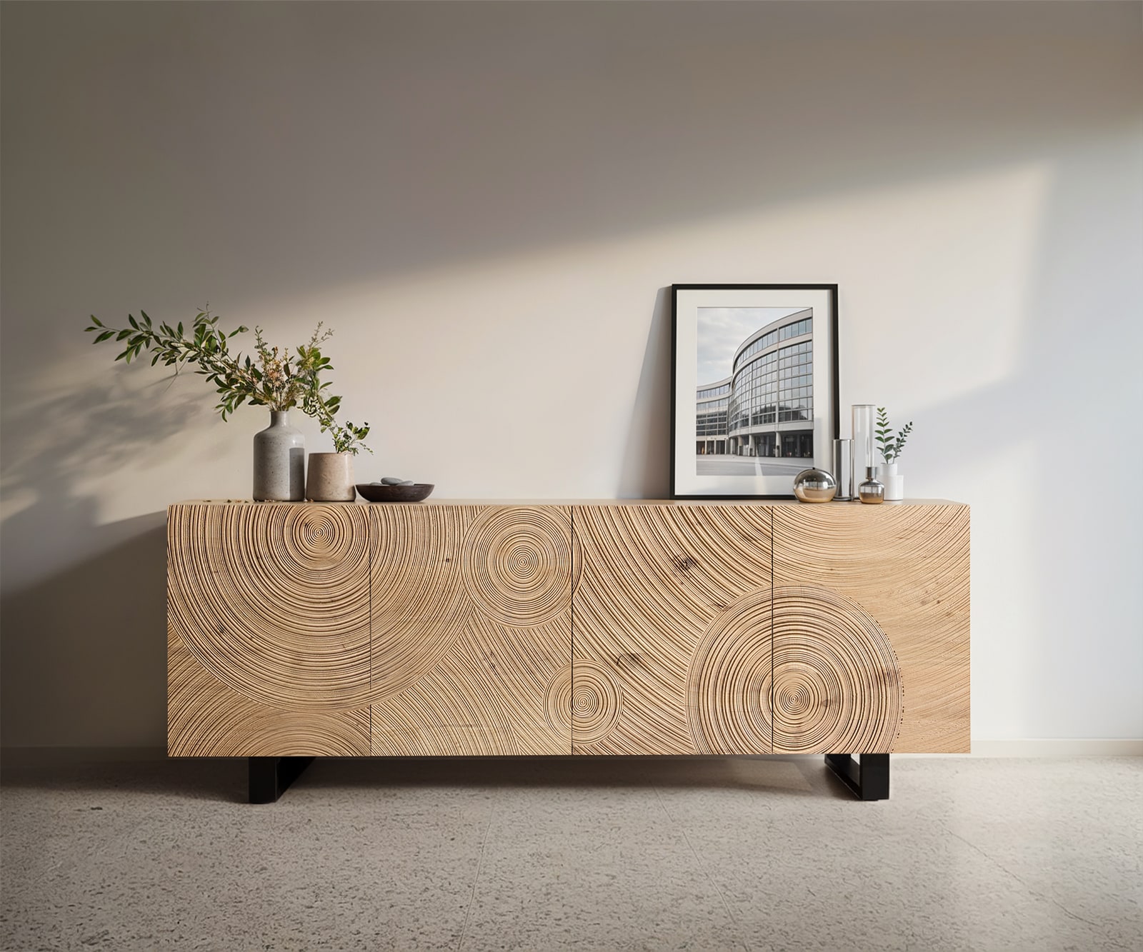 Sideboard Ashara 200 cm Eiche Natur 3D Effekt 4 Türen Kufe Metall Schwarz