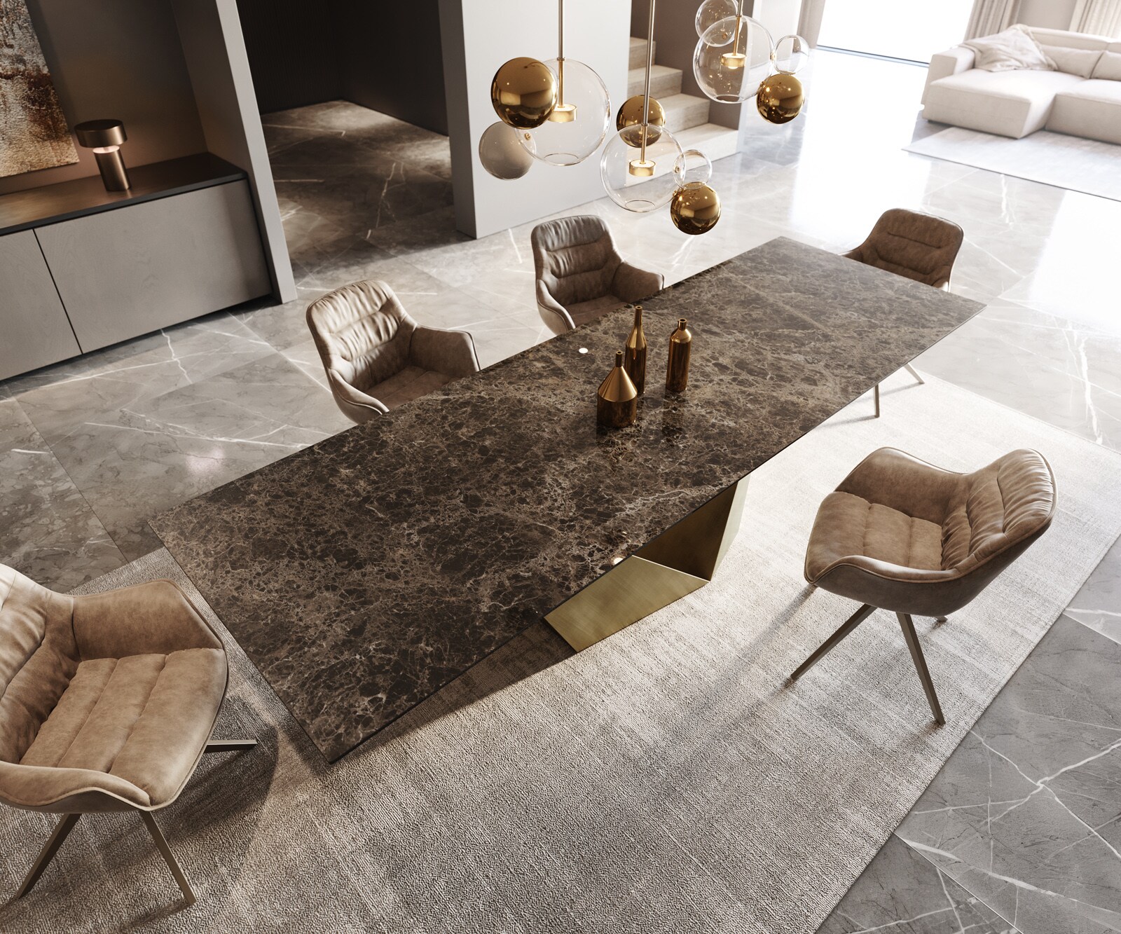 Esstisch Edge 300x100 Keramik Laminam® Emperador Extra Lucidato Dunkelbraun Prisma Metallic Gold 3