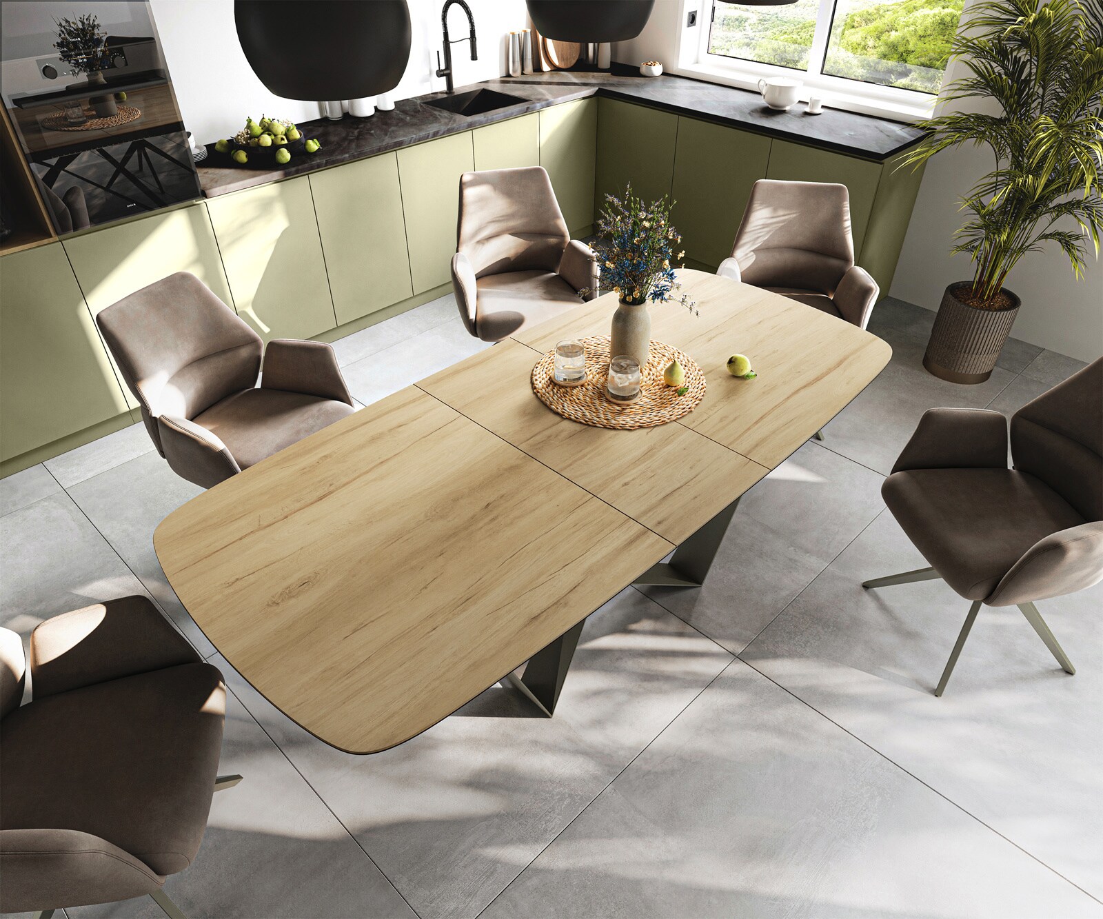 Esstisch Edge Boot 180-220x100 cm Keramik Laminam® Sabbia Eichefarbig Spider Metall Effektfinish Titan ausziehbar 4