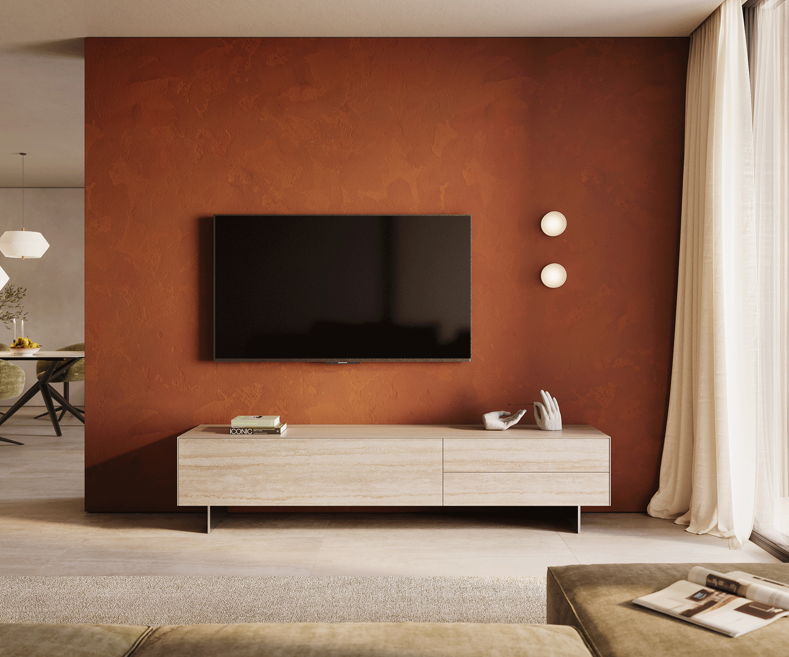 Lowboard Cuor 220 cm Keramik Laminam® Travertino Bianco Creme-Weiß 1 Klappe 2 Schubfächer Fuß Schwebeoptik Edelstahl 2