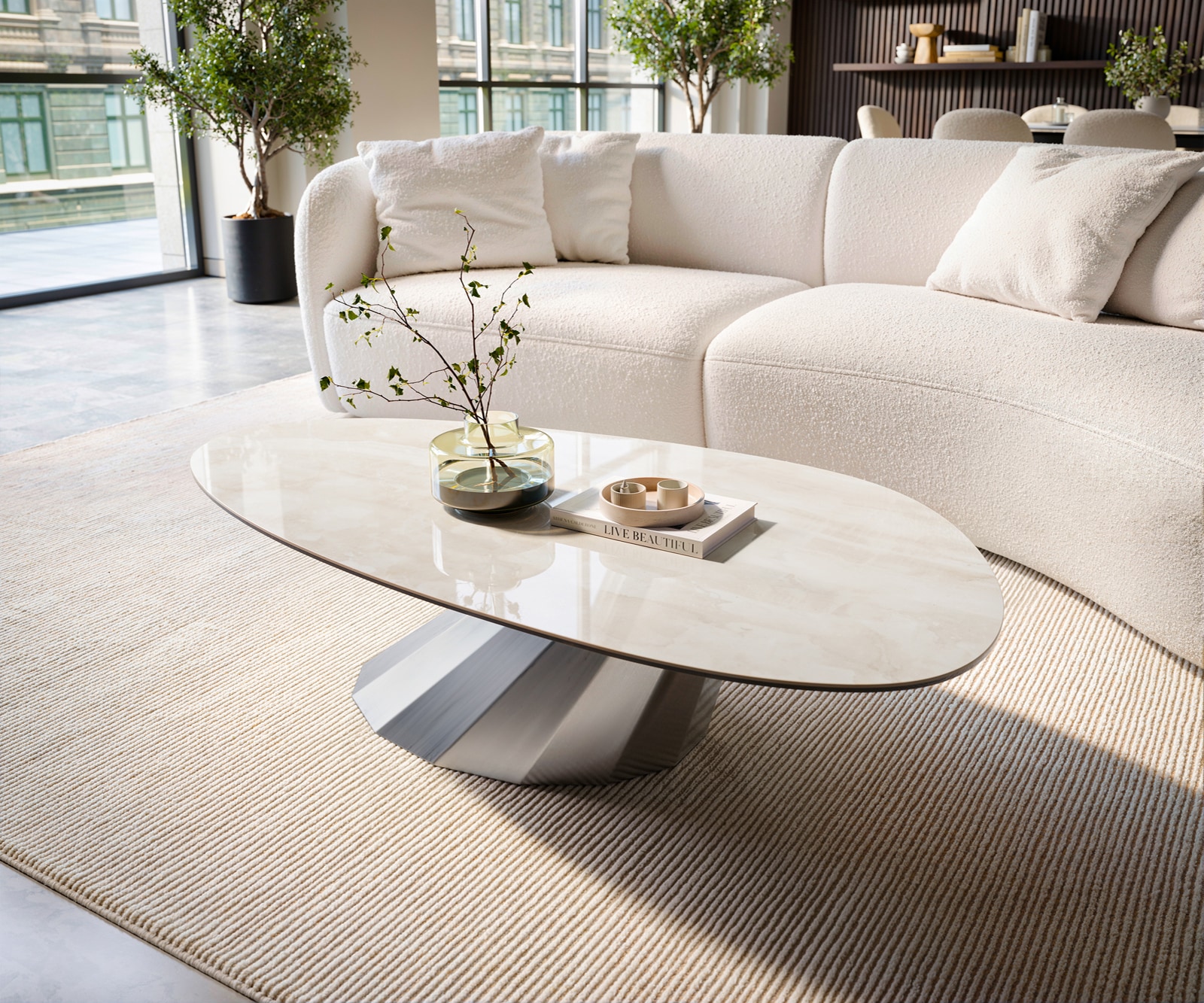 Couchtisch Edge Oval 140x75 cm Keramik Onyx Champagne Parabi Edelstahl gebürstet 3