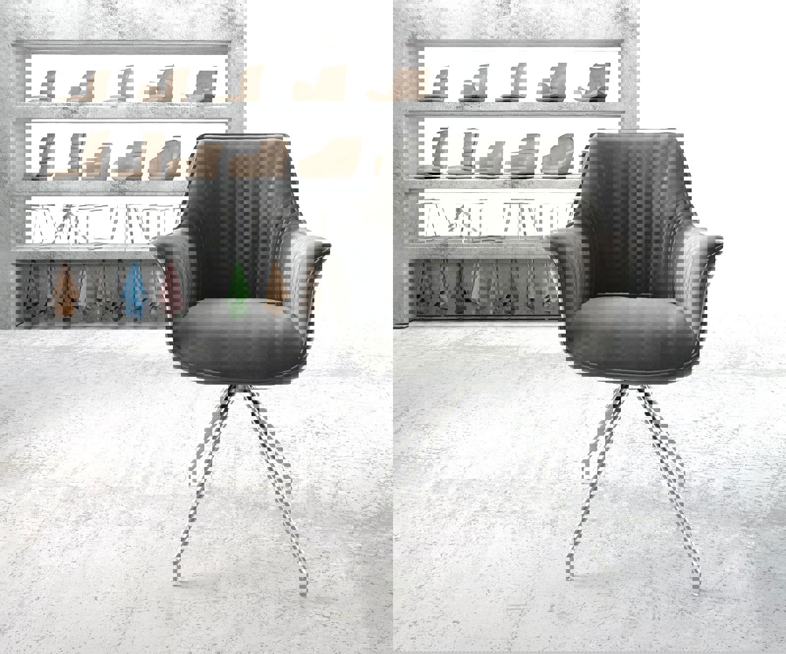 Esszimmerstuhl Keila-Flex mit Armlehnen Samt Grau Kreuzgestell konisch Edelstahl 1 Esszimmerstuhl Keila-Flex mit Armlehnen Samt Grau Kreuzgestell konisch Edelstahl 1