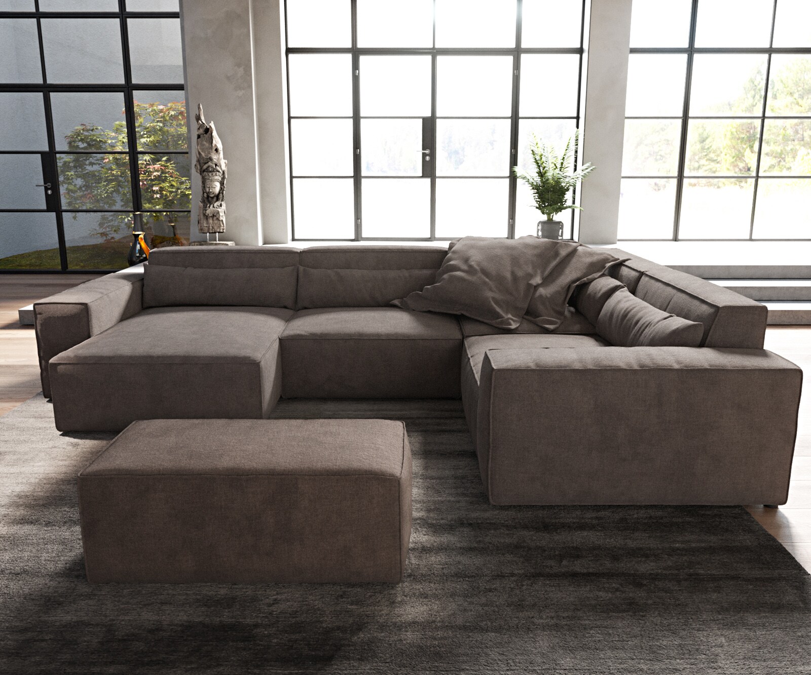 Wohnlandschaft Sirpio 300x210 cm Mikrofaser Khakibraun Recamiere variabel mit Hocker 2